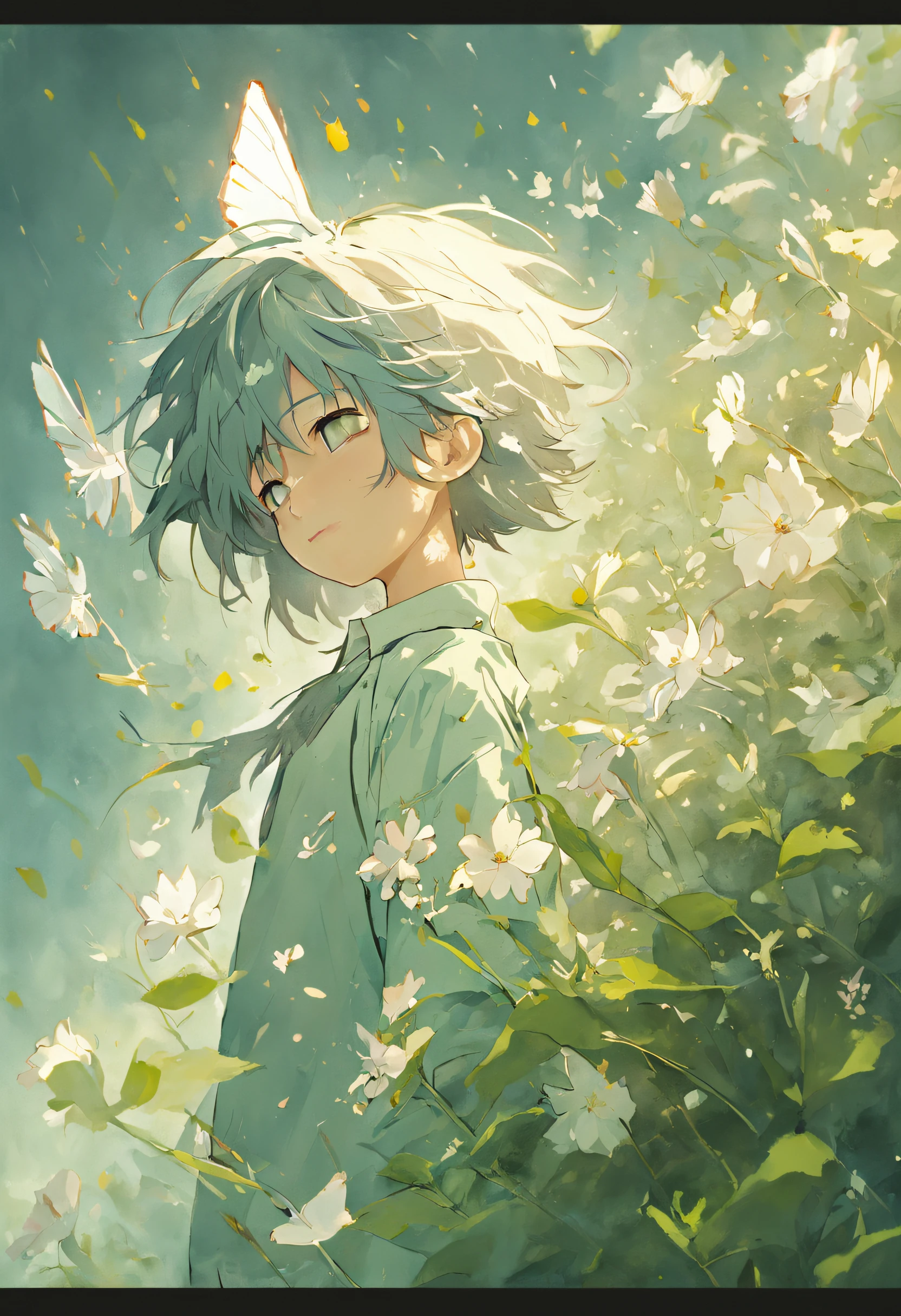 Blooming flowers flutter in the wind，The boy in the flower，Light green and silver design，Pay attention to the texture of the skin and flowers，Sony FE 12-24mm F/2.8 gm，Impressionist garden，Proficient in calligraphy，eco-friendly craftsmanship，Brush stroke exploration