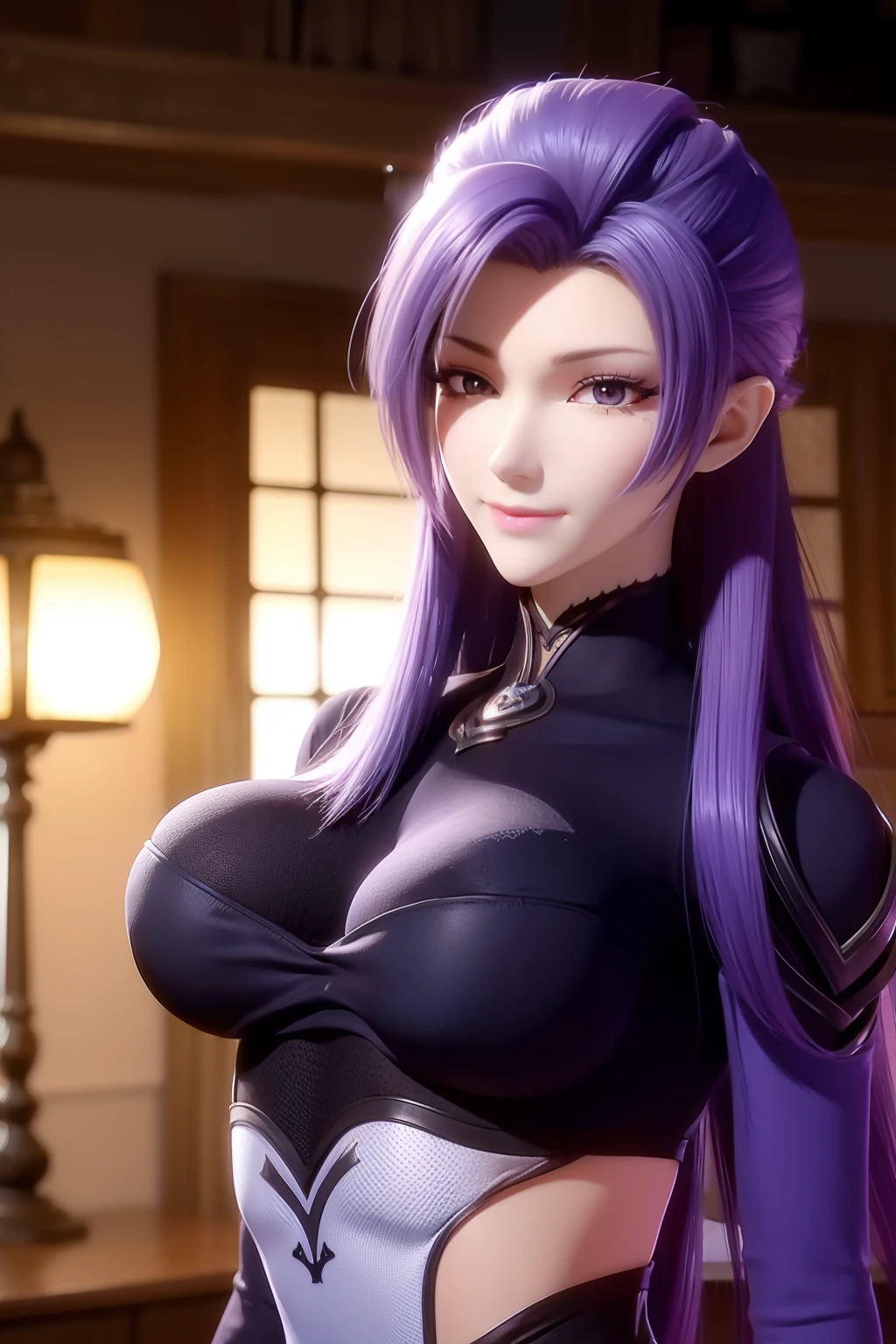 anime girl, elegant look, detailed face and eyes, grand hall, masterpiece, best quality, high quality, long purple hair, braided hair, elegant dress, happy, coming towards you, upper body focus