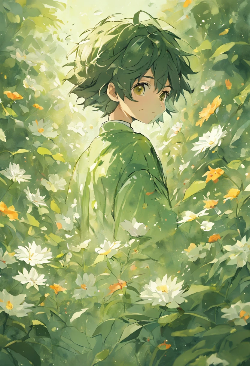 Blooming flowers flutter in the wind,The boy in the flower,Light green and silver design,Pay attention to the texture of the skin and flowers,Sony FE 12-24mm F/2.8 gm,Impressionist garden,Proficient in calligraphy,eco-friendly craftsmanship,Brush stroke exploration