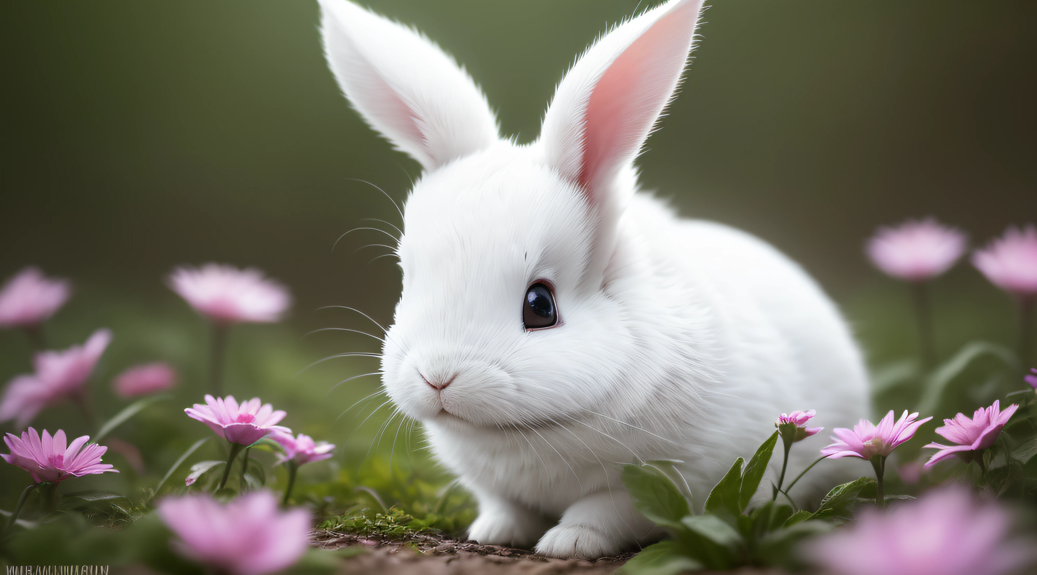 Close-up photo of a white rabbit in the enchanted forest，clean backdrop，depth of fields，largeaperture，photography of，during night，glowworm，volume fog，Halo，blooms，Dramatic atmosphere，at centre，the rule of thirds，200mm 1.4F macro shooting