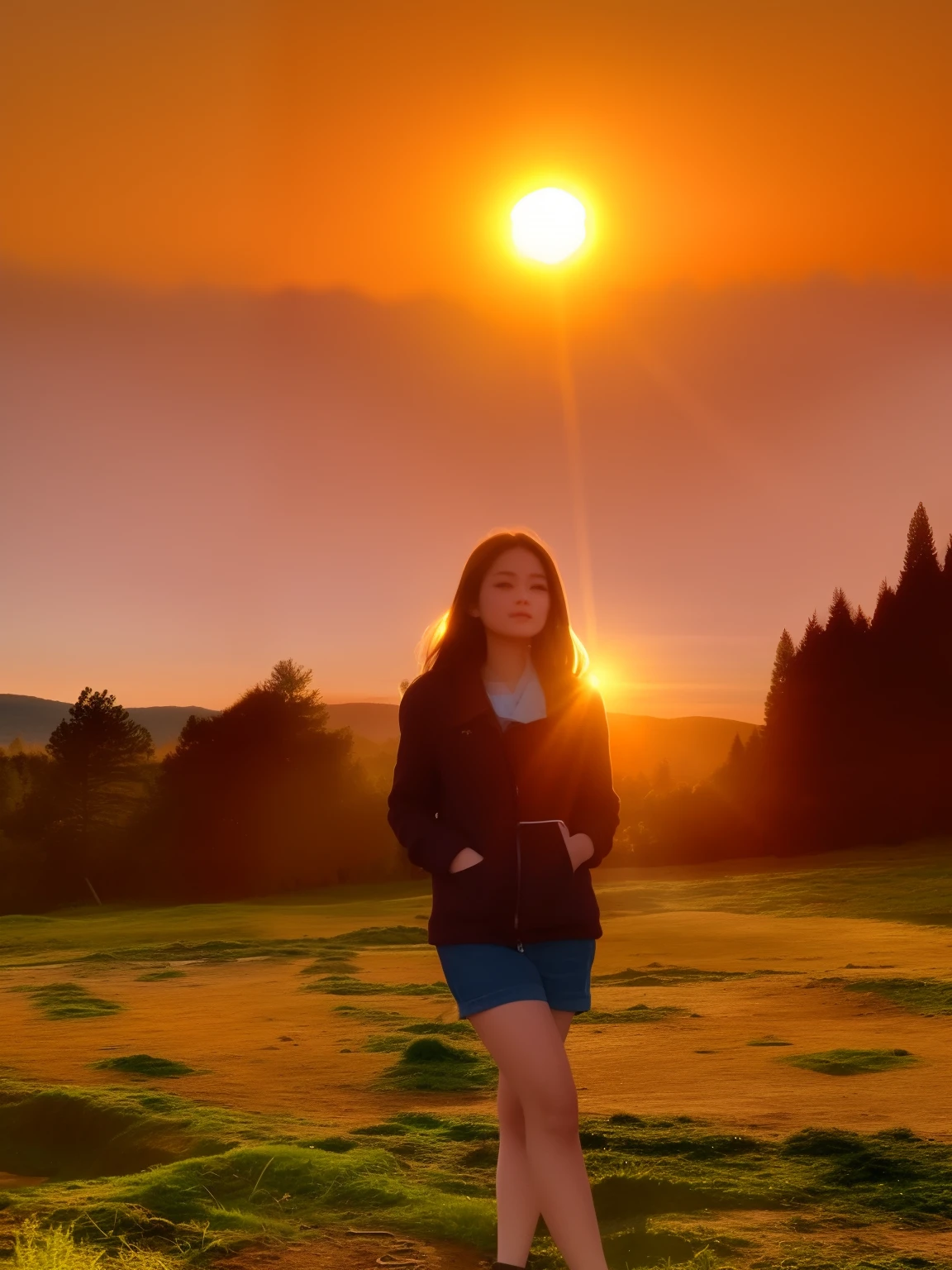 Beautiful girl standing in a muddy field with a cell phone, with sunset, in front of a forest background, with a sunset, in the sunset, during sunset, at the sunset, at a beautiful sunset, at golden hour, during a sunset, sunset and big clouds behind her, at dusk at golden hour, standing in front of a mountain, during golden hour, human, beautiful eyes