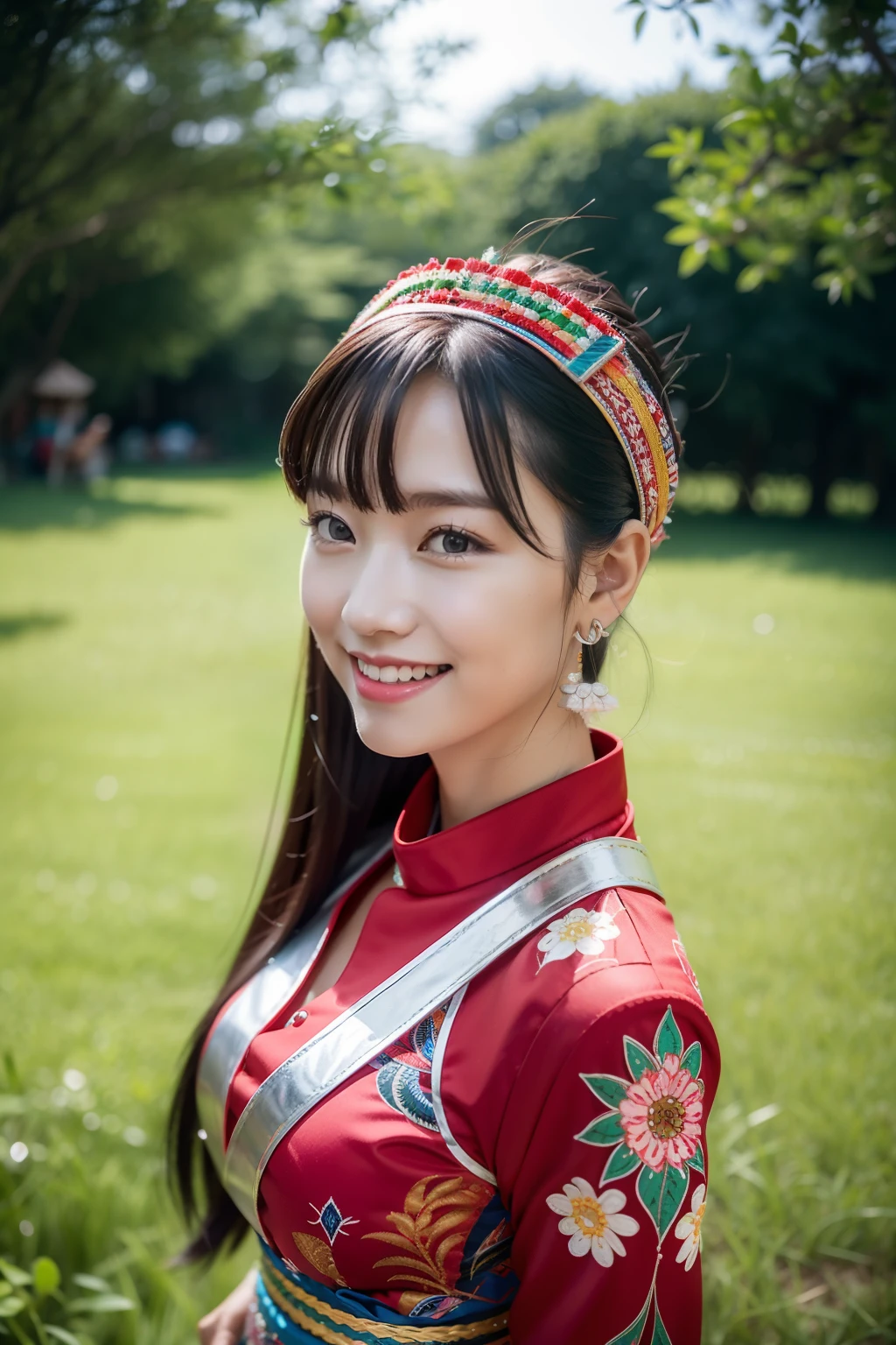 (8K分辨率,Vista full body photo),(1womanl,20yr old,(Facial features of the Aum Shinrikyo Church in Thailand:1.8,s delicate face),详细的脸,Redlip,Fair smooth skin,(Classic Hmong costume:1.4,(nedium breasts、The back is decorated with floral fabric,The cuffs are multi-colored horizontal strips,Cardigans,Short waist long version),Headband silver crown(Silver Crown(styling:It is quadrangular and protruding,entangle,Such as spiral or eccentric,Print various patterns on a flat surface),Silver products(Silver collars range from small to large,There are up to seven circles),Silver necklace,Bun hairpins),(pleatedskirt,There is a belt(Hmong embroidery、batik)),耳Nipple Ring,bangle,Tall and tall,The action of the dialog,perfect hand,Ultra-fine clothing material),(Traditional Xijiang Miao village,Festive party night background in cottage,Exquisite environmental details),(exhilarated,confident smile,Rejoice),(profesional lighting,动态照明),((The colors are more balanced,(black in color,blue colors,red colour))),(Golden section,Cinema lenses,Hasselblad photograp,tmasterpiece:1.3),(Miaozhai idol,Focus on the field,trendsetting,Folklore artist,Art platform)