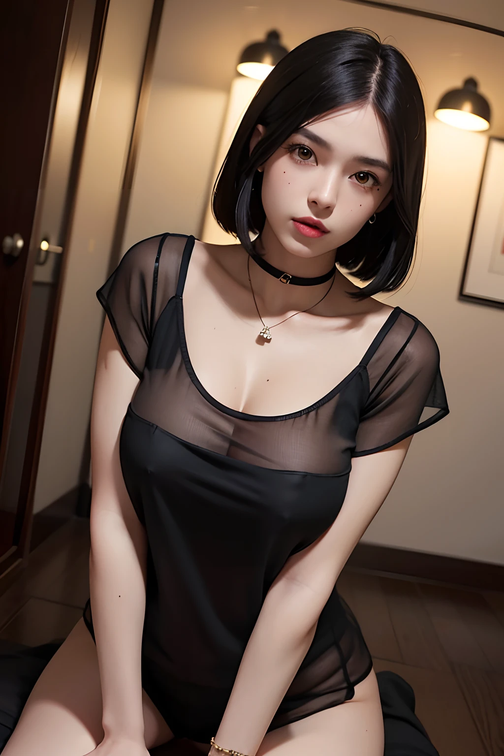 Black hair bob, (8k, RAW photo, photorealistic: 1.25), (very much lip gloss, many eyelashes, highest quality, ultra high resolution, depth of field, chromatic aberration, caustics, wide light, natural color, Japanese , Female in her 30s) Staring at the viewer, necklace, bracelet, choker, full body, big breasts, mole on chest, bare legs, see-through blouse