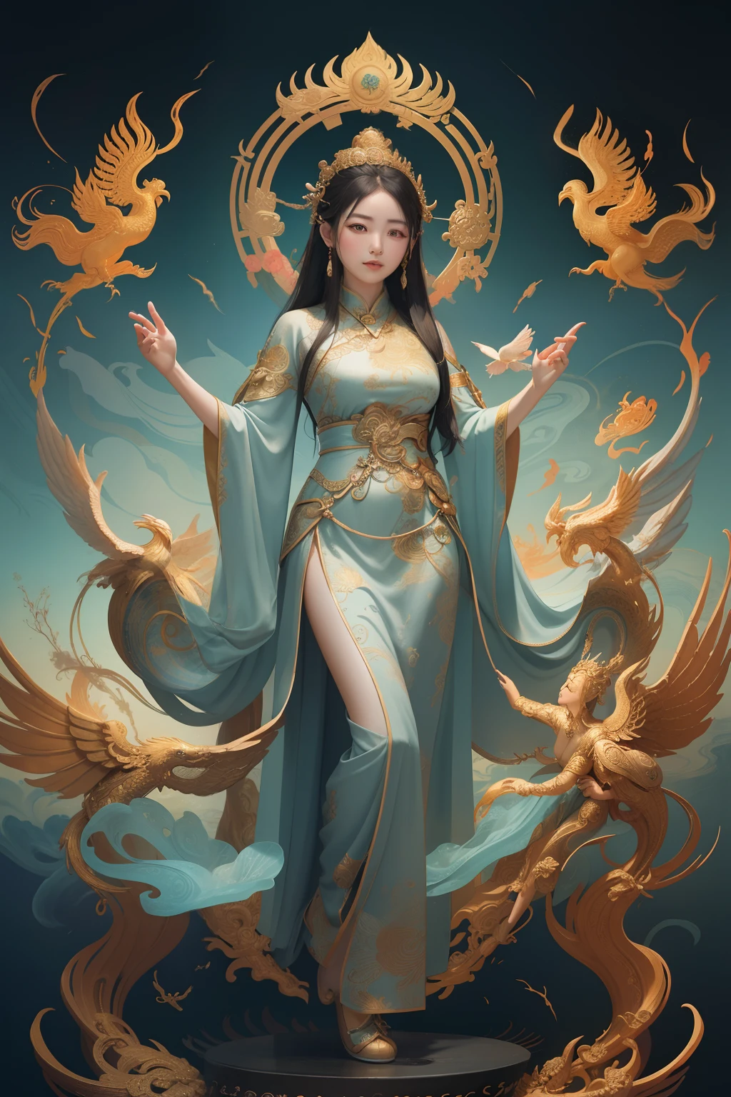 an ancient Chinese goddess, guanyin of the southern seas, Guanyin, Inspired by China, Avalokiteshvara rides a phoenix，,Serene expression,shui mo hua,Buddha,Buddhist,Lotus,Chinese painting style,Thangka style