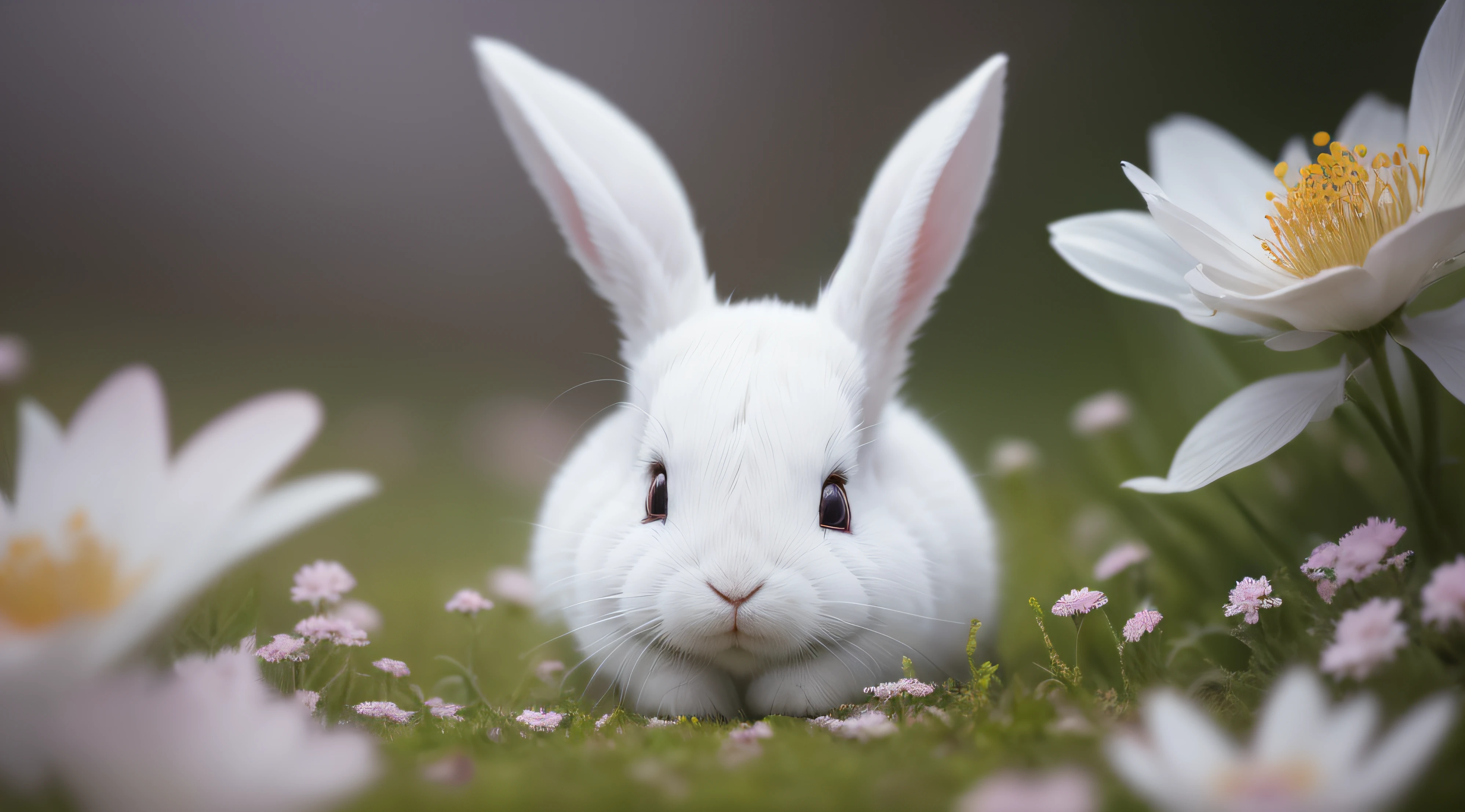Close-up photo of the white rabbit in the fairy tale kingdom,,depth of fields,largeaperture,photography of,volume fog,Halo,blooms,Dramatic atmosphere,at centre,the rule of thirds,200 mm 1.4F macro shooting
