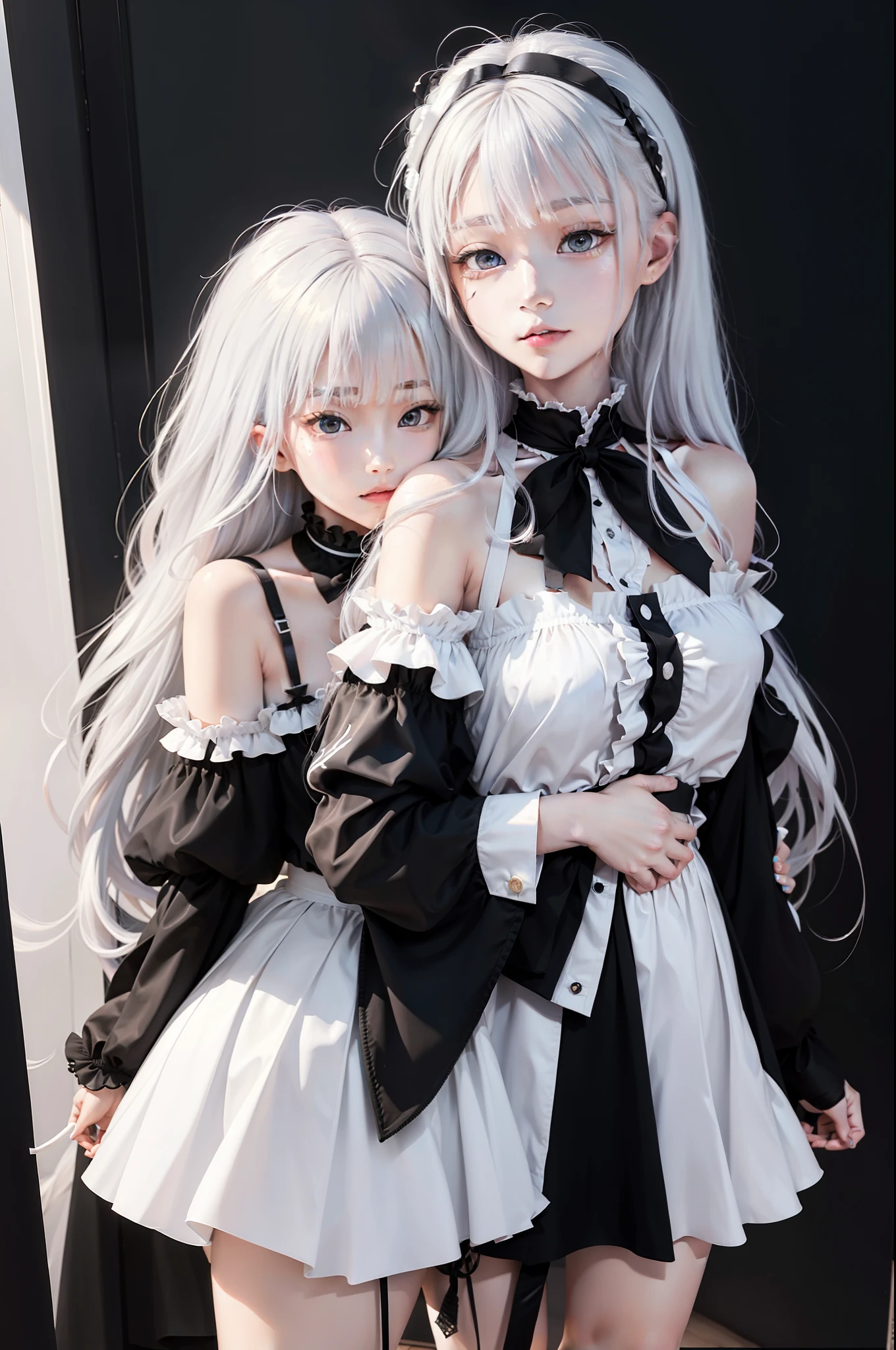 2D Screen,twin girls,hugs,One of the girls had long silvery-white hair and black pupils,Another girl with short black hair and white pupils,perfectly proportions,PBR textures、post-proces、Anisotropy Filtering、depth of fields、Highest clarity and clarity、Many-Layer Textures、Albedo e mapas Speculares、Surface coloring