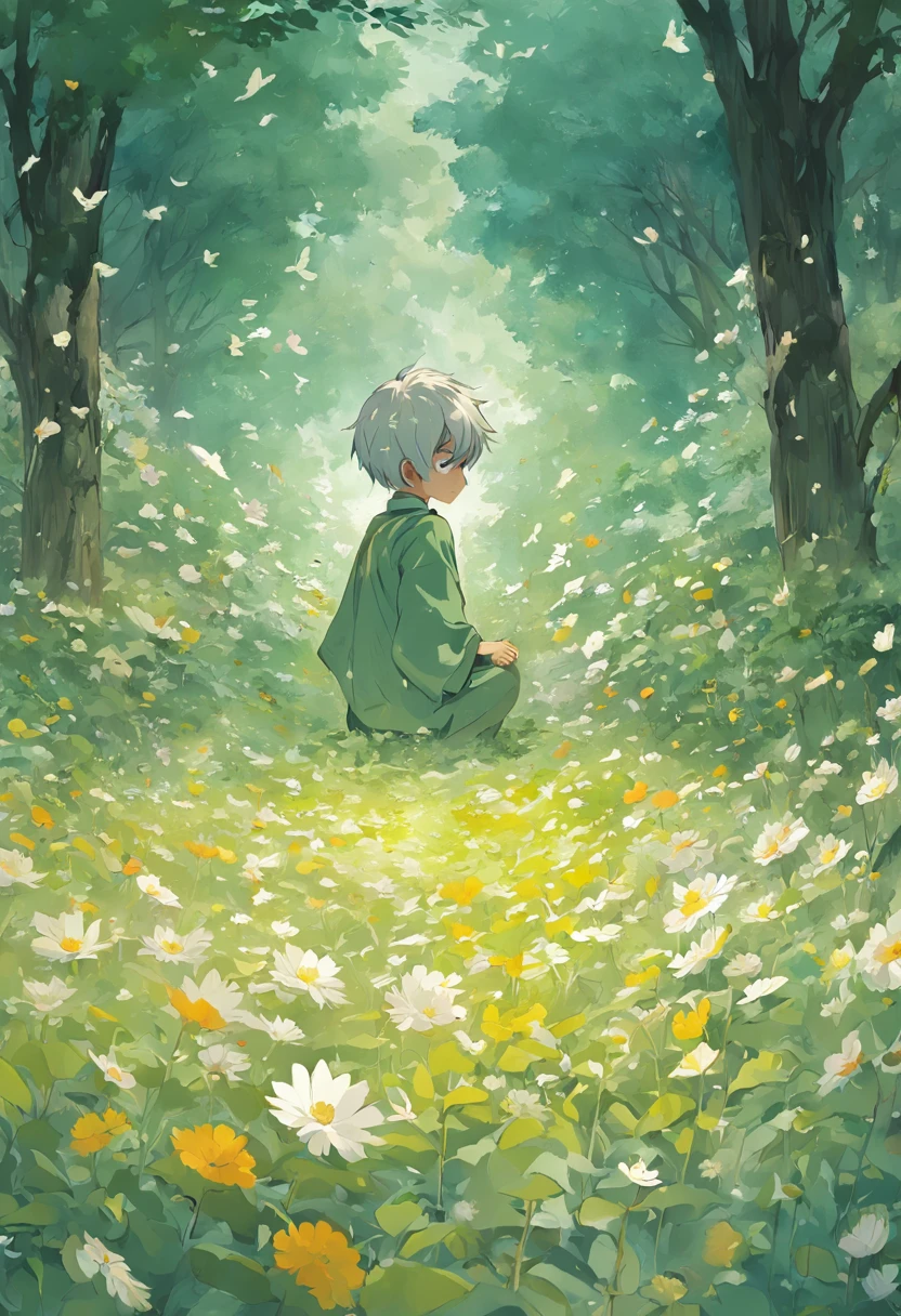 Blooming flowers flutter in the wind,The boy in the flower,Light green and silver design,Pay attention to the texture of the skin and flowers,Sony FE 12-24mm F/2.8 gm,Impressionist garden,Proficient in calligraphy,eco-friendly craftsmanship,Brush stroke exploration