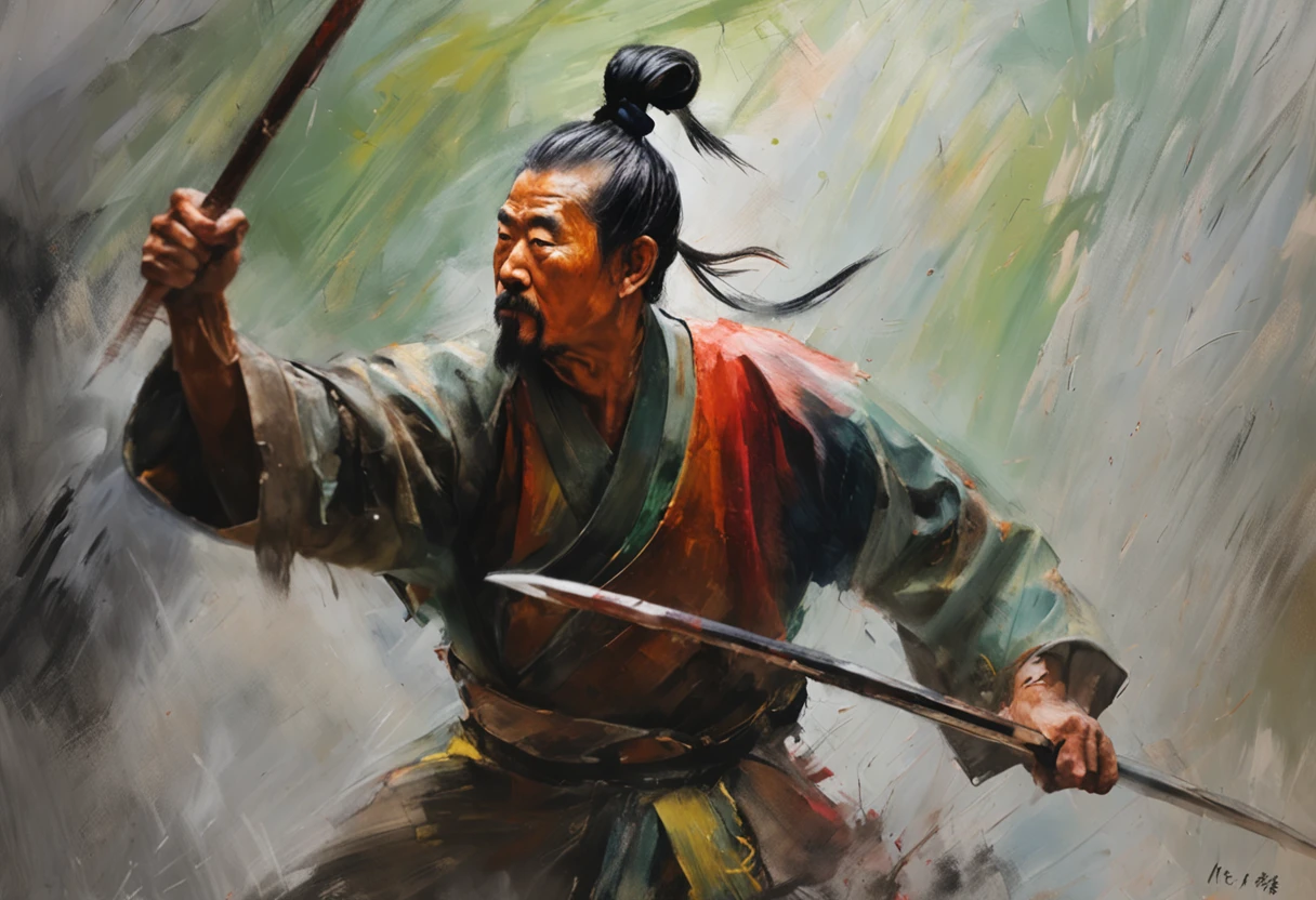 an extreme closeup shot:Chinese male warriors of the Song Dynasty,Hair soars,Wield a long sharp knife,With a murderous expression on his face。Fighting posture,Motion blur,perfect hand,Bamboo forest in the rain,lightand shade contrast,top views,中景 the scene is,Focus on people。Depth of field 2.0。Chinese ink splash painting style,Drawn by Zhang Daqian。