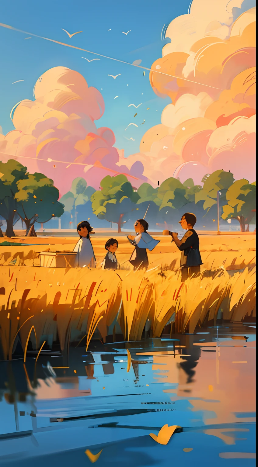 By the lake, a group of children are playing happily and splashing water. A lush forest surrounds a tranquil lake with sparkling water reflecting the blue sky and white clouds. Families picnicking in the shade and enjoying the summer. In the distance, the golden wheat fields sway with the wind, like a golden ocean. Farmers are harvesting crops and celebrating the harvest season. On the other side of the field, some young people are flying kites, and the colorful kites are dancing in the blue sky.