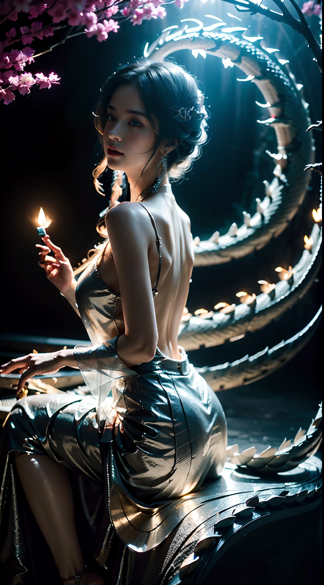 Dragon Girl,(Beautiful feet), (Beautiful fingers),long whitr hair, Dragon's horn,glowing hairs, (Ultra-detailed hand close-up), ((Detailed close-up of the face)), (Light silk), (Glazed tulle),(Subtle warm light), (Extremely colorful), Movie special effects, Leaning against a big tree, (Holding a dragon),(Crystal textured dragon),Freehand masterpiece, ultra - detailed, Epic composition, high qulity, HighestQuali, 4K