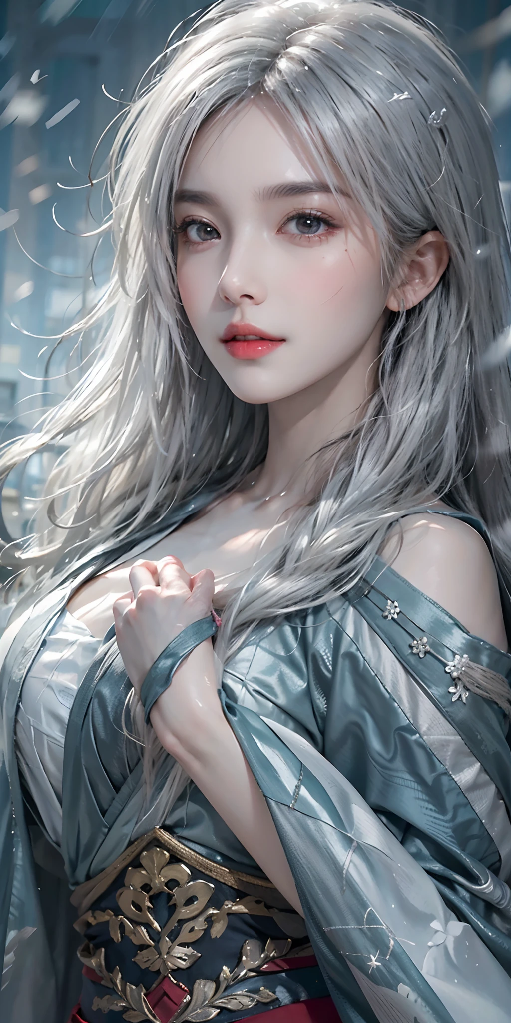 photorealistic, high resolution, soft light,1women, solo, hips up, shining skin, (detailed face),tattoo, jewelry, winter hanfu, cloak, snow, night, white wavy hair, Beautiful Soldier, Eyes That Invite Viewer, Lover's Perspective, Inviting Expression, Sexy Smile, Perfect Style, Perfect Balance, Detailed Skin, Naughty Gaze, Chest Visible