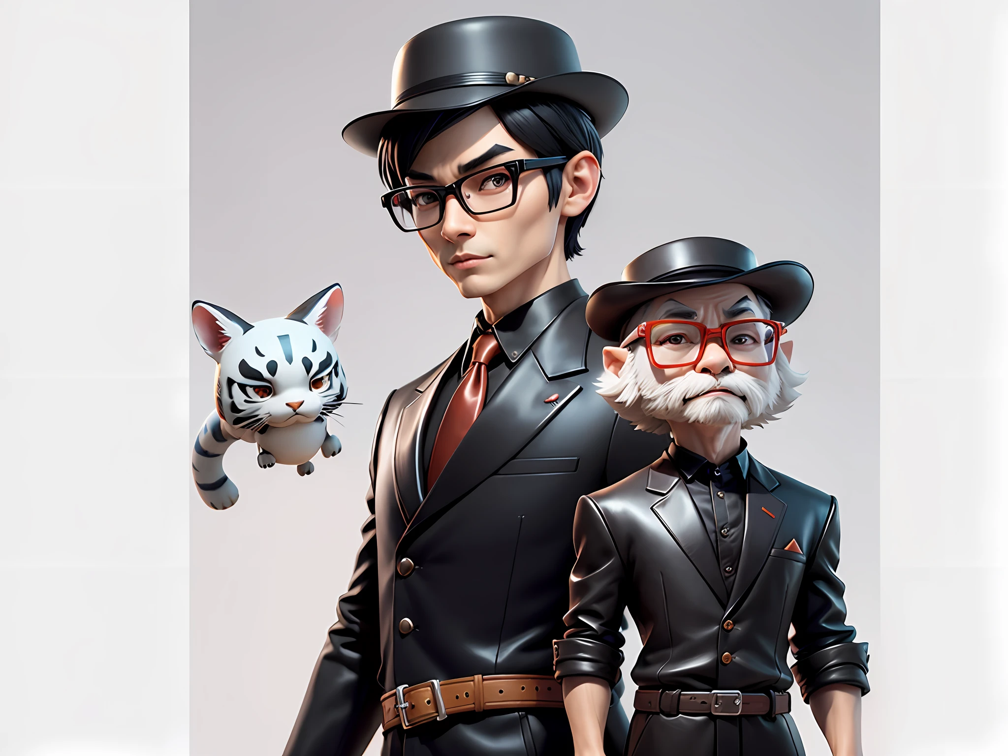 Young man with oriental face in leather hat, tiger, oriental face in formal suit, short black hair, silver glasses, digital painting, 3D character design by Mark Clairedon and Pixar and Hayao Miyazaki and Akira Toriyama, the illustration is a high-definition illustration in 4K resolution with very detailed facial features and cartoon-style visuals.
