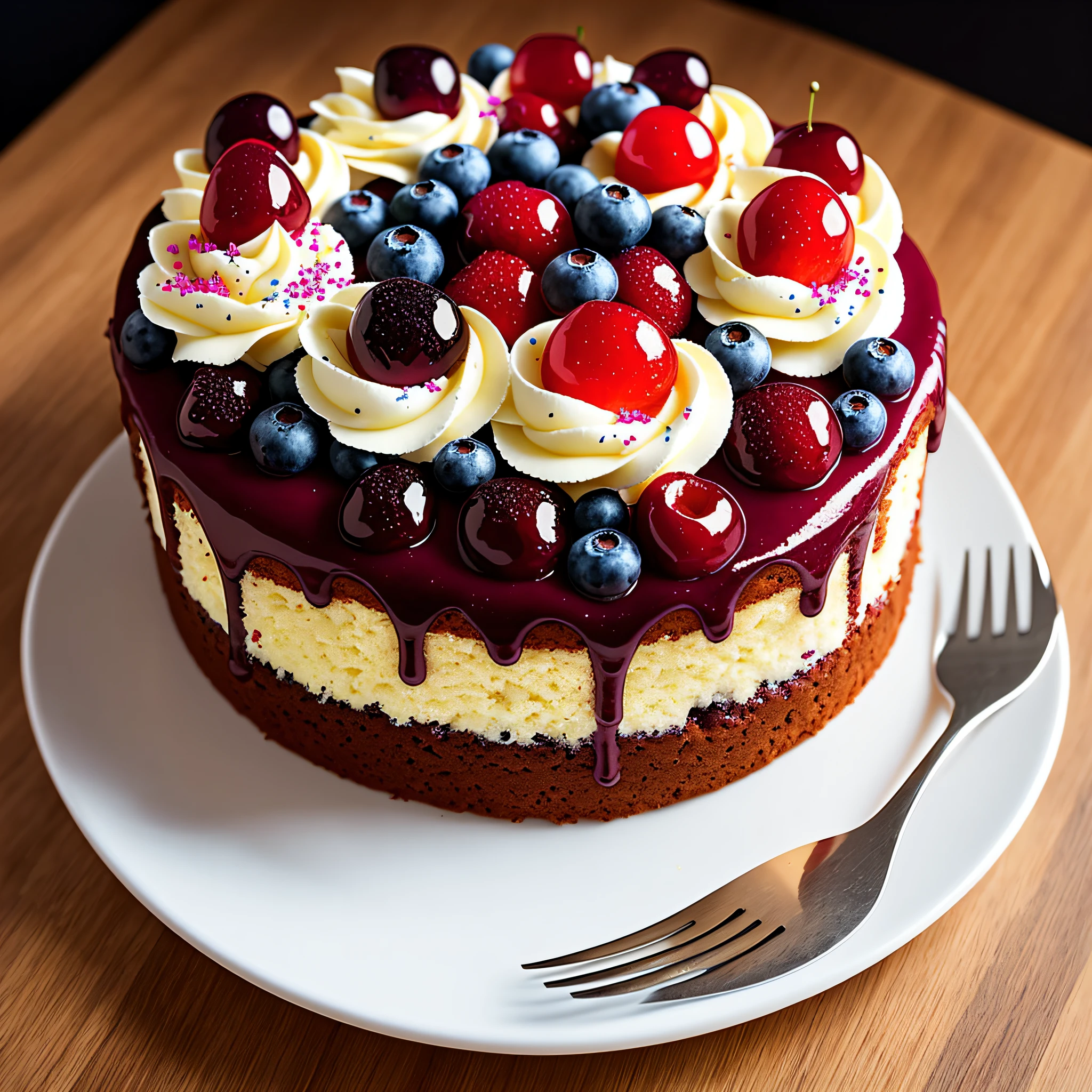 There is a cake on it，Top with cream，Blueberries and cherries, The birthday cake, Cupcakes, waxy candles, cake art, patisserie, Amazing food photography, the greatest cake, high quality food photography, Dessert, eating a cake, Masterpiece works of art, birthday cake on the ground, desserts, baking a cake, jaw dropping, with sparkling gems on top, Delicious food