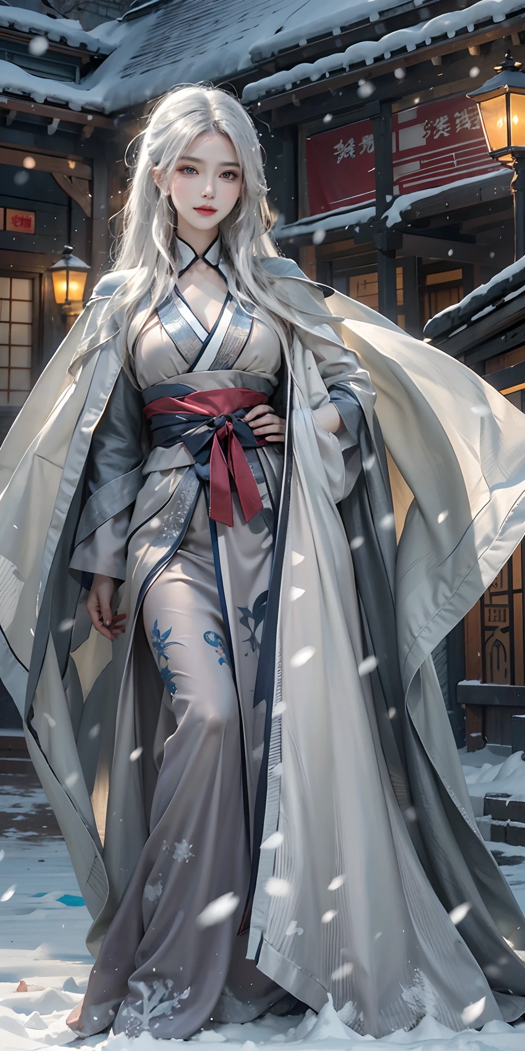 photorealistic, high resolution, soft light,1women, solo, hips up, shining skin, (detailed face),tattoo, jewelry, winter hanfu, cloak, snow, night, white wavy hair, Beautiful Soldier, Eyes That Invite Viewer, Lover's Perspective, Inviting Expression, Sexy Smile, Perfect Style, Perfect Balance, Detailed Skin, Naughty Gaze, Chest Visible