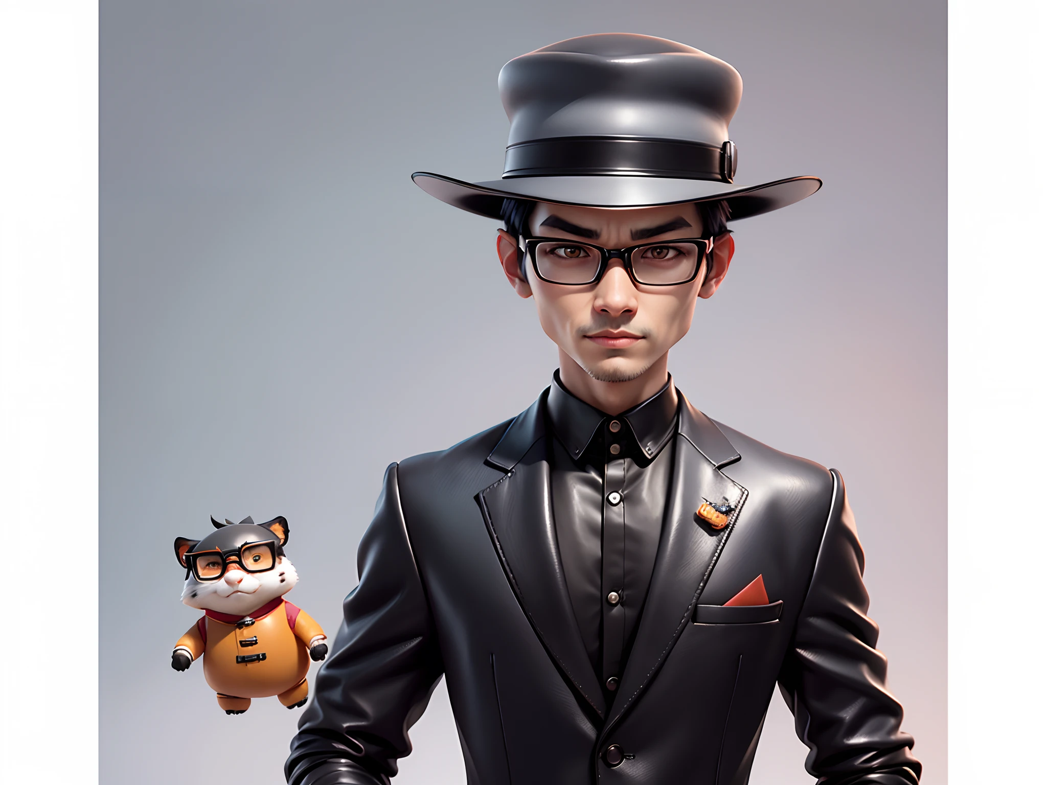 Young man with oriental face in leather hat, tiger, oriental face in formal suit, short black hair, silver glasses, digital painting, 3D character design by Mark Clairedon and Pixar and Hayao Miyazaki and Akira Toriyama, the illustration is a high-definition illustration in 4K resolution with very detailed facial features and cartoon-style visuals.