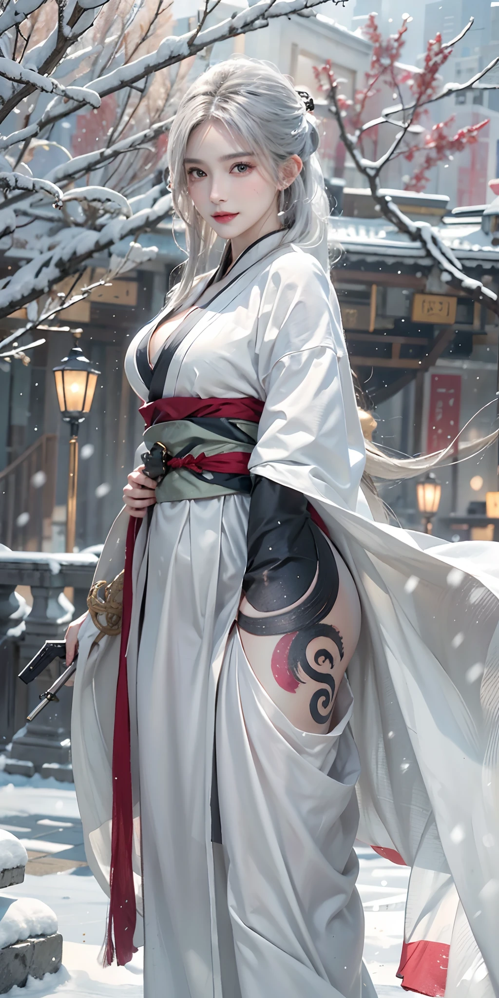 photorealistic, high resolution, soft light,1women, solo, hips up, shining skin, (detailed face),tattoo, jewelry, winter hanfu, cloak, snow, night, white wavy hair, Beautiful Soldier, Eyes That Invite Viewer, Lover's Perspective, Inviting Expression, Sexy Smile, Perfect Style, Perfect Balance, Detailed Skin, Naughty Gaze, Chest Visible