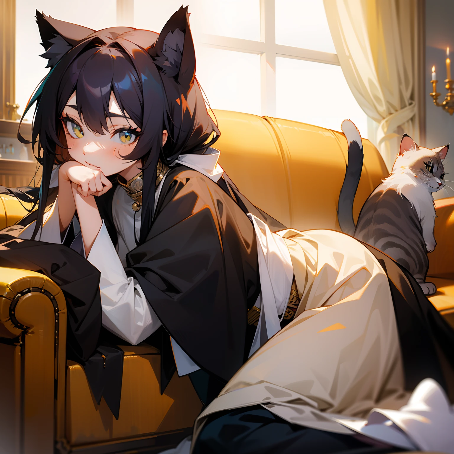 Kizi,Cat lady,Humans with animal characteristics,Face the face,kneeling on the sofa,The sleeves are longer than the hands