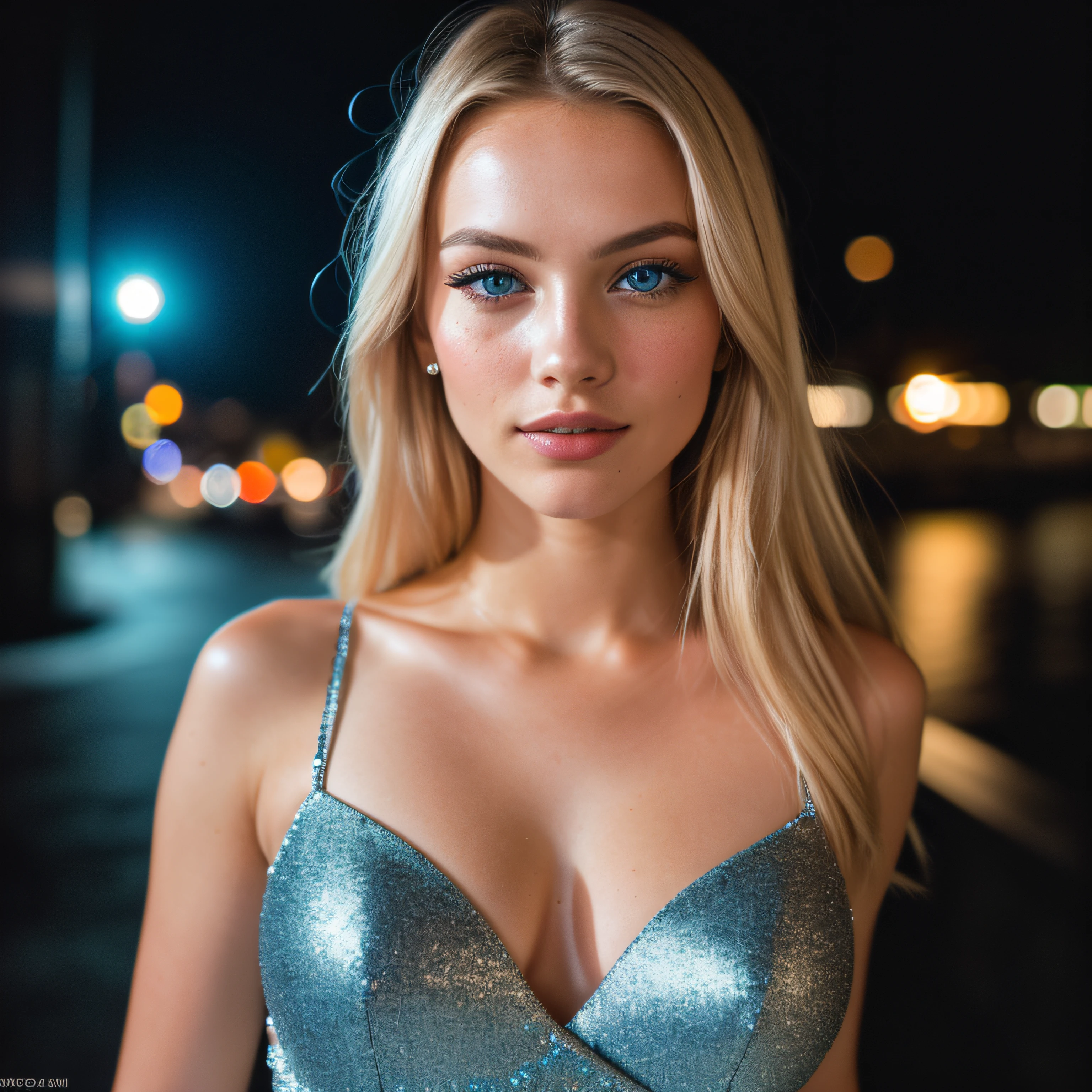 (selfie, top view: 1.4), (straight full of the body: 1.4), RAW UHD portrait photo of a 24-year-old blonde (blue-eyed woman) walking down a dark alley, large breasts,, city at night, (dress), (neckline), details (textures! , hair! , glitter, color!! , disadvantages: 1.1), glossy eyes with high detail (looking at the camera), SLR lighting, SLR camera, ultra-quality, sharpness, depth of field, film grain (center), Fujifilm XT3, crystal clear, frame center, beautiful face, sharp focus, street lamp, neon lighting, bokeh (dimly lit), night, (night sky), detailed skin pores, oily skin, sunburn, complex eye details, full body, large breasts