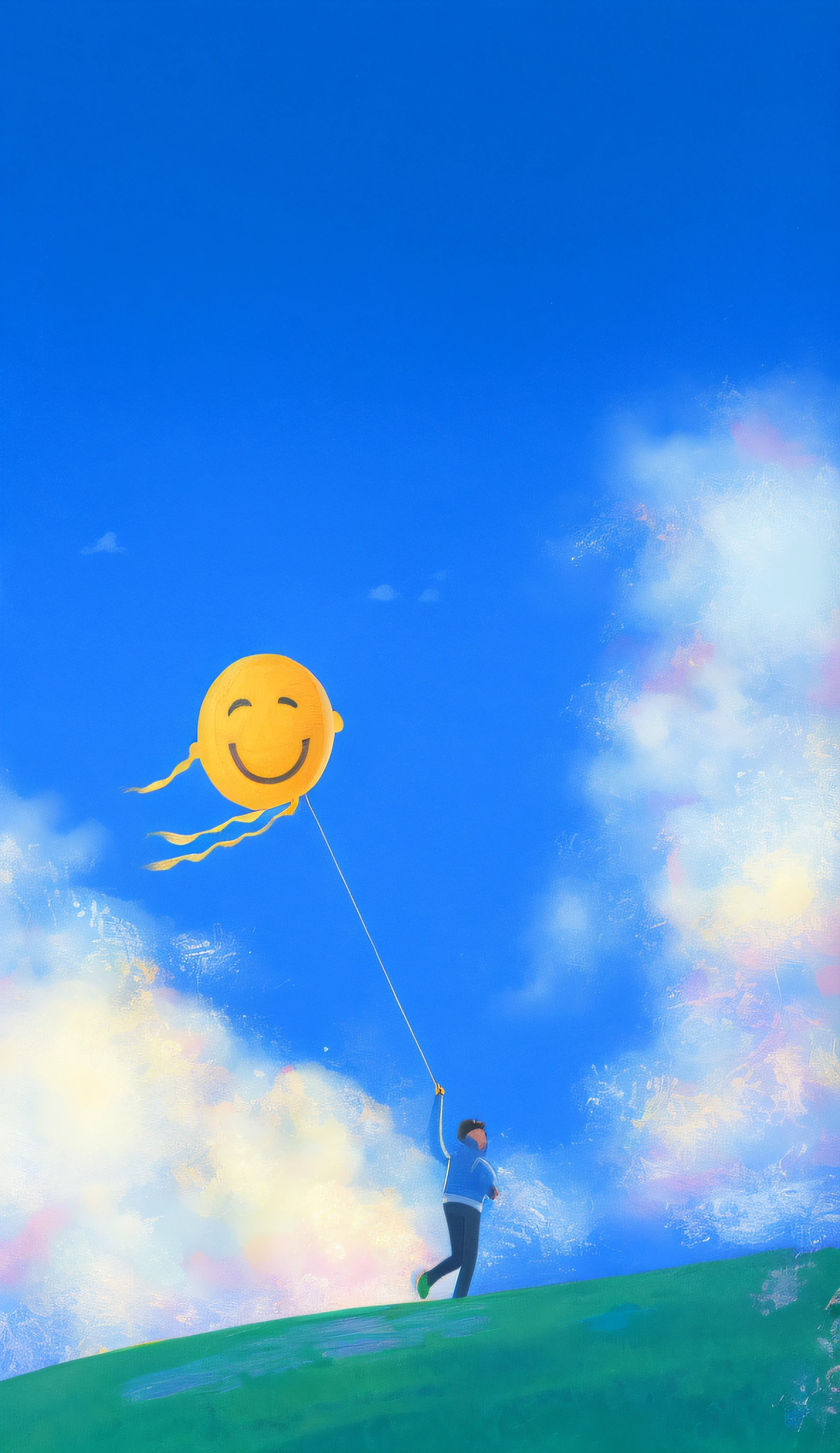 Draw a man flying a kite,There is a smiley face on it, smiling in heaven, um dia ensolarado, On a sunny day, Sunny day, happy sunny day, on a bright day, beautiful fine sky, Sunny sky, Floating in the sky, looking happy, Bright sky, Blue sky, Cheerful ambiance, enjoyable, happy clouds behind, floating into the sky