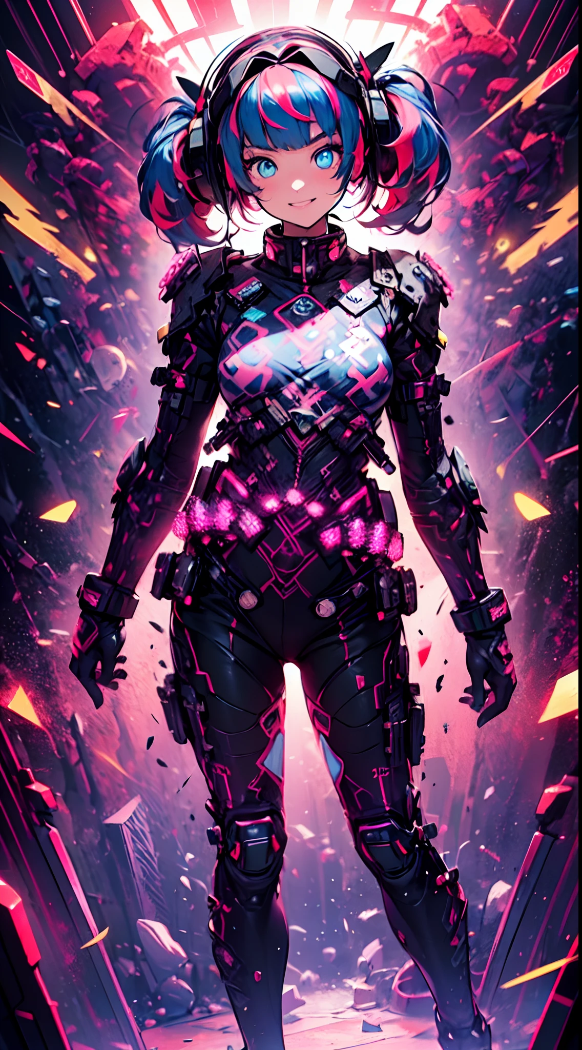 ((cyberpunked)),Optical camouflage、VR Goggles、Neon light、City of the Future、Glowing jumpsuit、(1girl in, Solo:1.6),(Cute smile),(Clothes are simple), (Best Impact:1.5), (maximalism:1.7), Vivid contrast, (Realistic), hyperrealistic illustrations, hight resolution, ultra-detailliert, absurderes,(Fractal Art:1.3)、Random hairstyle、Random hair color colorful、FULL BODYSHOT、Retro、Precise focus、randome pose、cinema4d、Drama