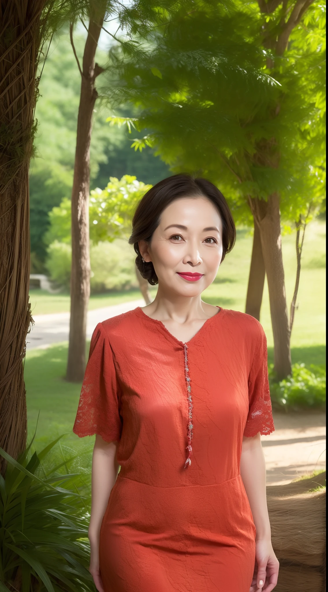 Mature Actress, gravure,(From shoulder up), Bright environment, (((Sharpen))), (((Hide your hands behind your back))), A hyper-realistic, {{{masutepiece}}}, {{{Best Quality}}}, {{Ultra-detailed}}, {{extremely delicate and beautiful}}, Eyes are moisturized, Extremely detailed, ((Natural complexion)), Fancy makeup, red lipsticks, ((A MILF)), ((Hide your hands behind your back)), A MILF, ((masutepiece)), top-quality, high-level image quality,16 K, (Emphasis on the chest), (A sexy), ((Staring at this)), 90 years old,