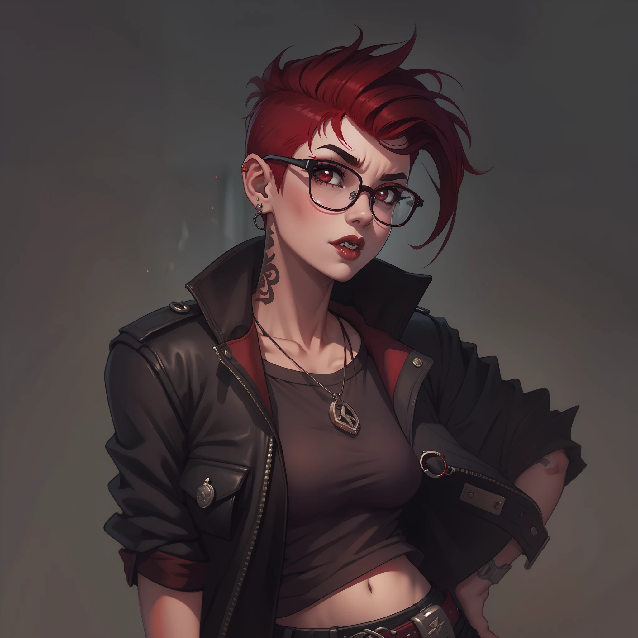 female with short shaved dark red hair, wearing glasses, villain, wearing casual punk clothing, lip piercings