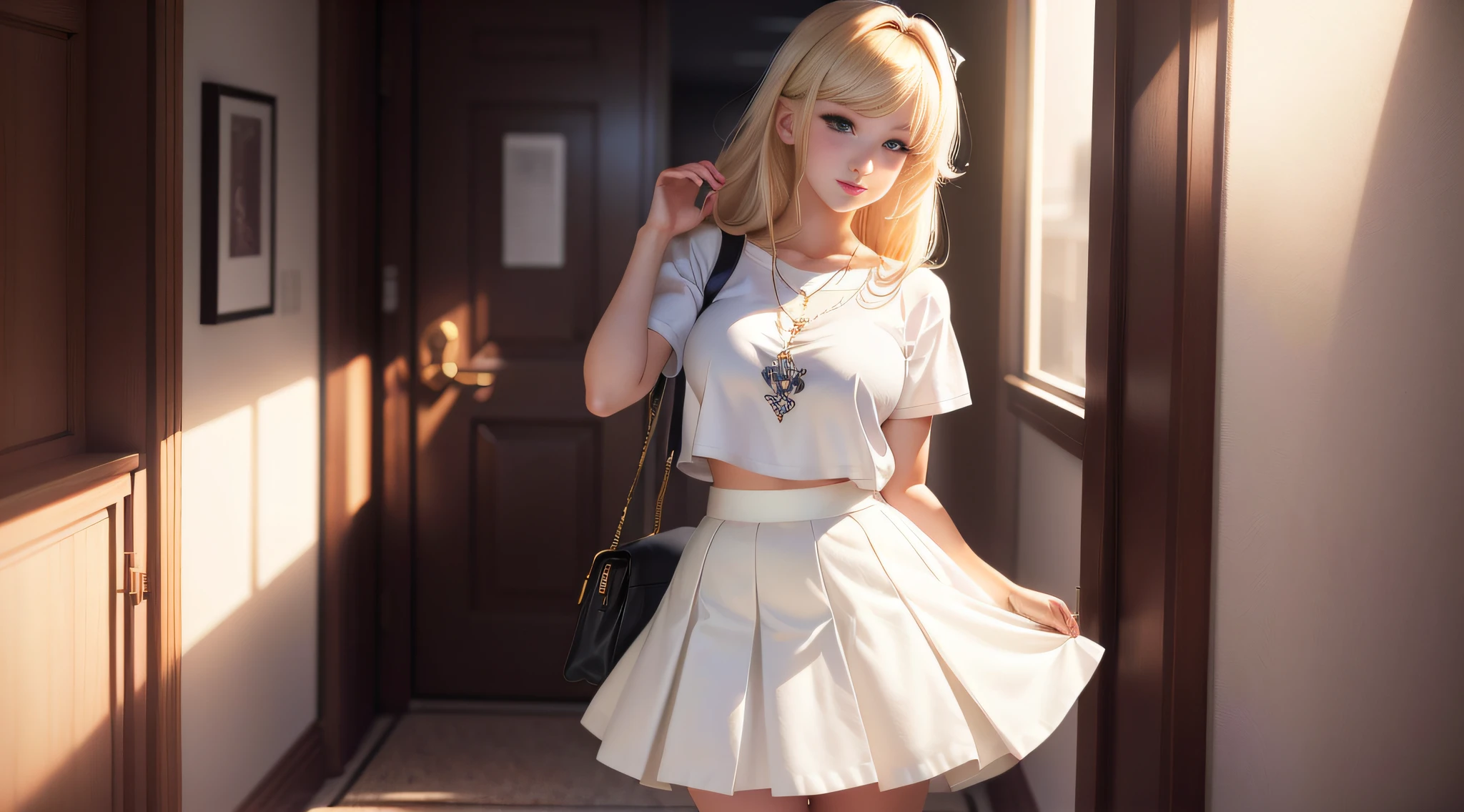 Blonde woman in white dress and black purse standing in the hallway, Anime girl in real life, attractive anime girls, cute elegant pose, anime barbie in white, Anime girl cosplay, anime big breast. Soft lighting, seductive anime girls, cute kawaii girls, anime-inspired, Beautiful anime girl, beautiful alluring anime , pretty anime girl, Style anime, Beautiful Anime High School Girls