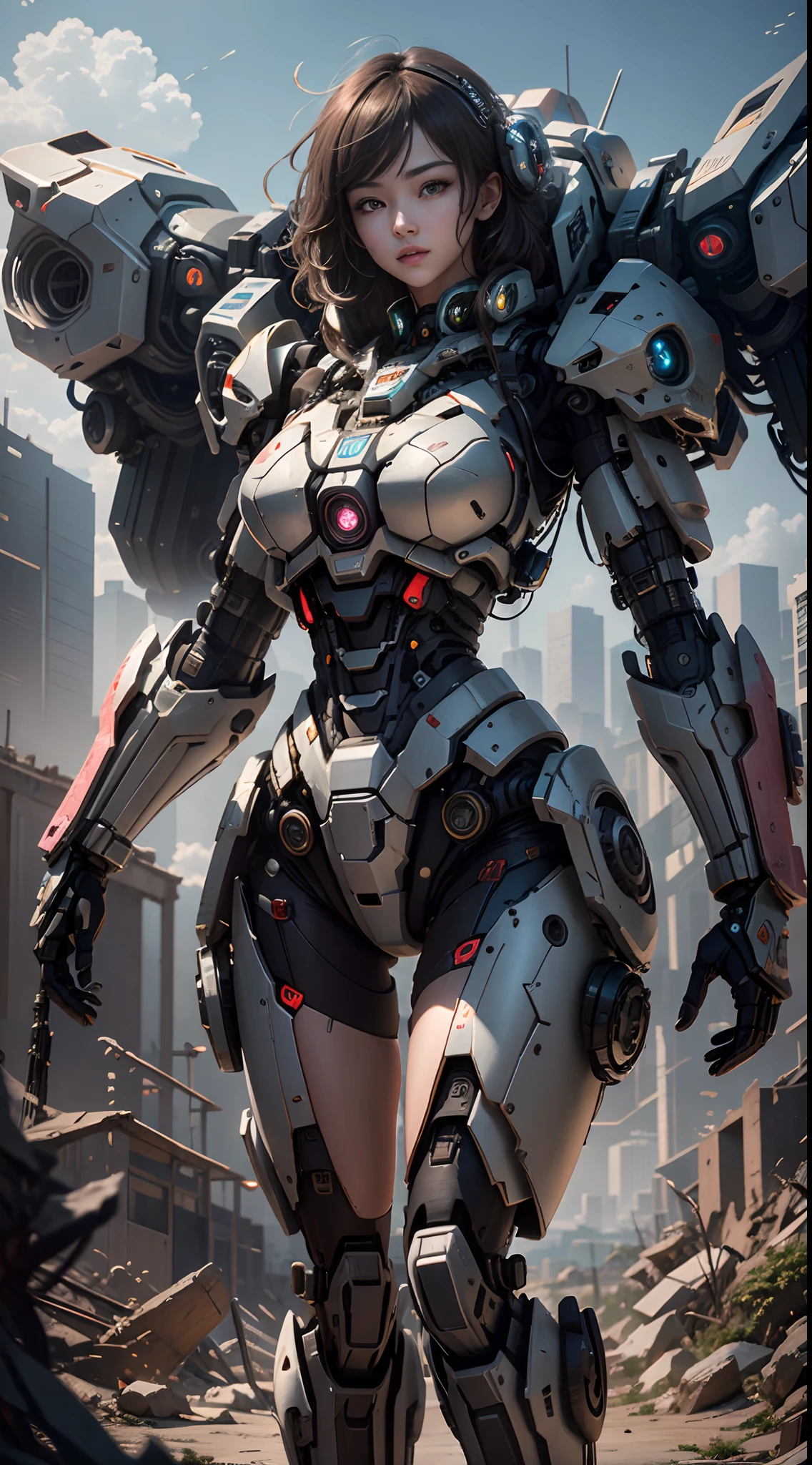((Best Quality)), ((Masterpiece)), (Very Detailed:1.3), 3D, Shitu-mecha, Beautiful cyberpunk woman with her pink mech in the ruins of a city in the forgotten war, Ancient technology, HDR (High Dynamic Range), ray tracing, NVIDIA RTX, super resolution, unreal 5, subsurface scattering, PBR texture, post-processing, anisotropic filtering, depth of field, maximum sharpness and sharpness, multi-layer texture, albedo and highlight maps, surface shading, Accurate simulation of light-material interactions, perfect proportions, octane rendering, duotone lighting, low ISO, white balance, rule of thirds, wide aperture, 8K RAW, high efficiency sub-pixels, subpixel convolution, luminous particles, light scattering, tyndall effect (whole body), (delicate facial features), (perfect face), dynamic angles.