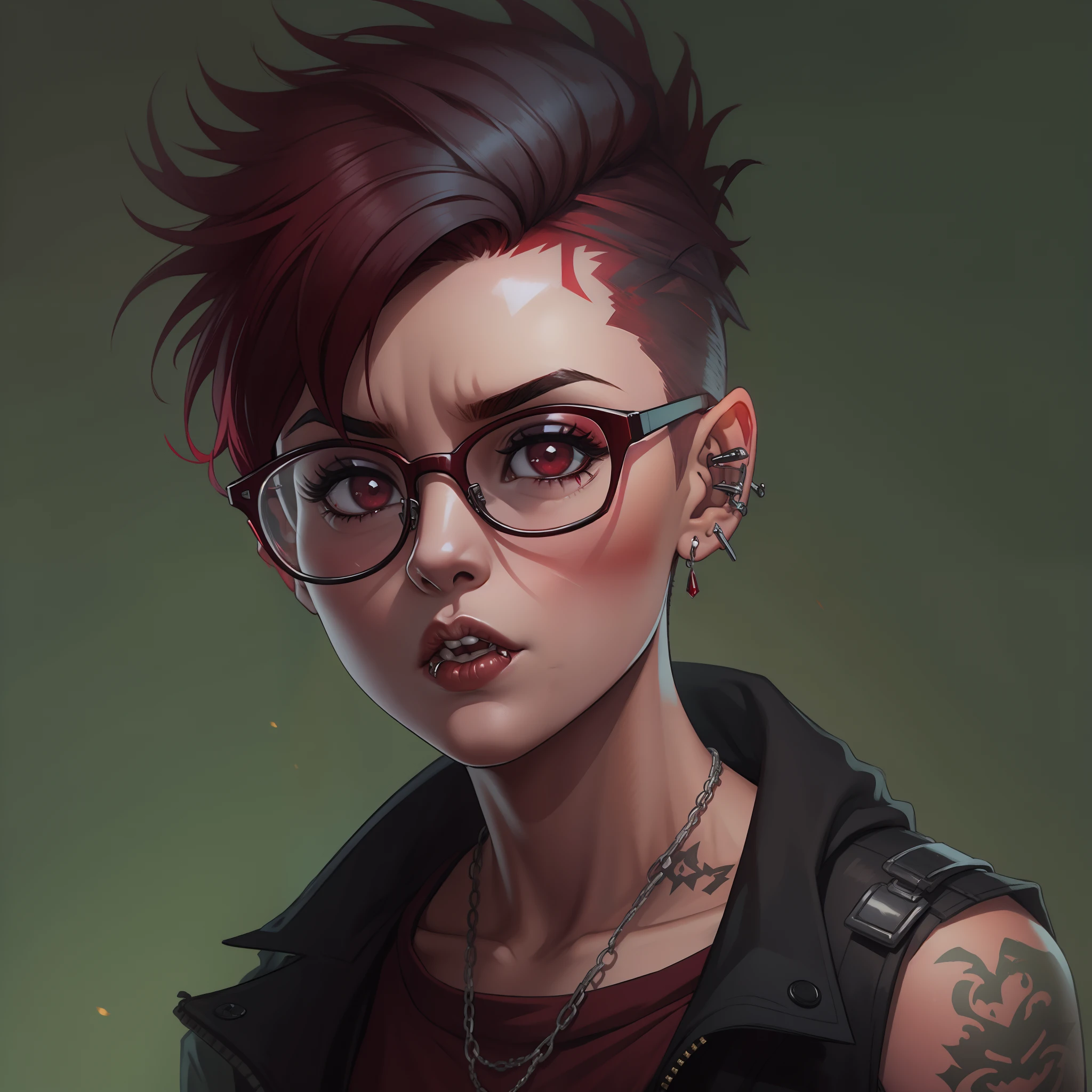female with short shaved dark red hair, wearing glasses, villain, wearing casual punk clothing, lip piercings