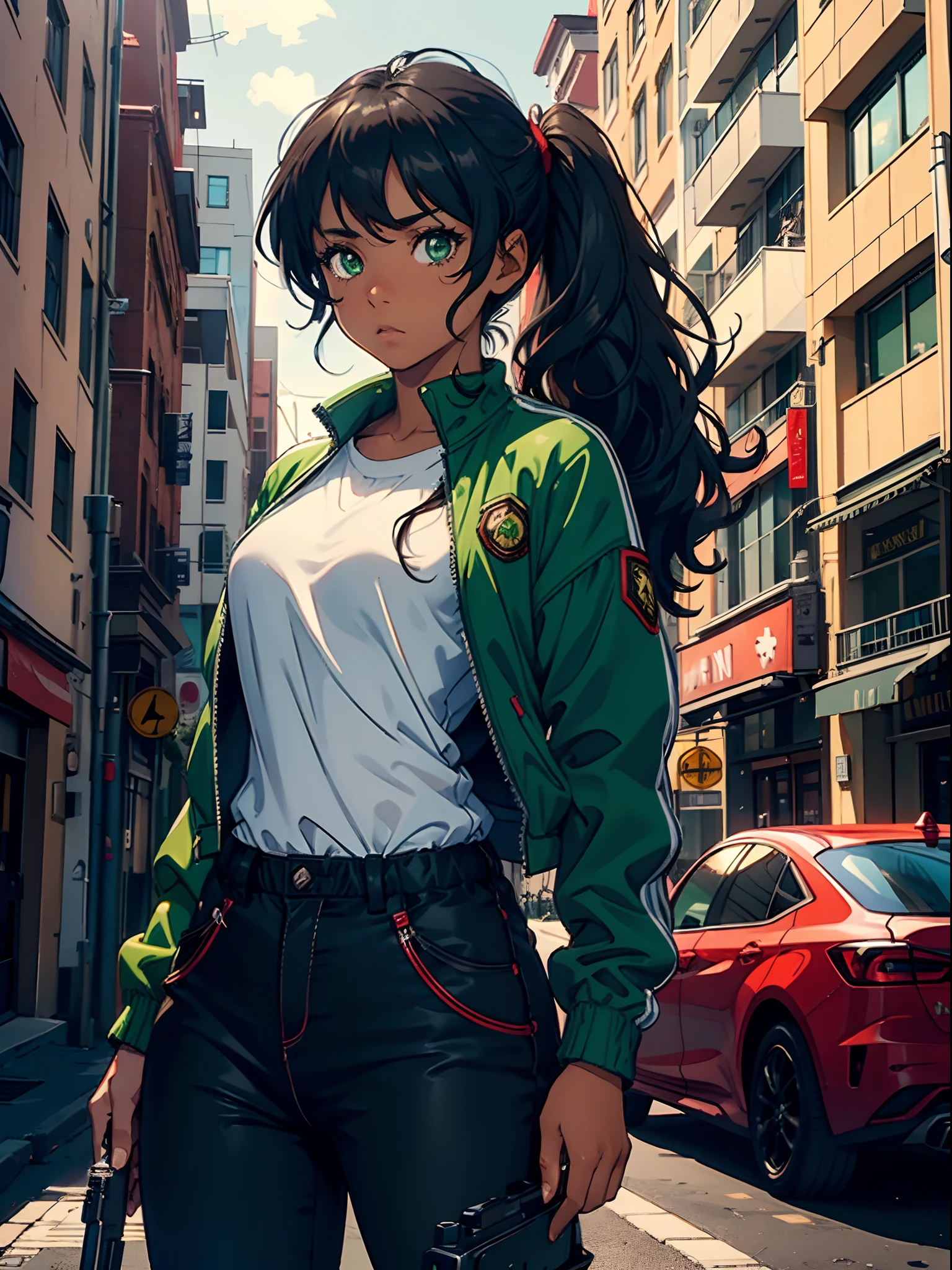 1girl, beautiful girl, dark, skin, brown skin, curly hair, dark hair, green eyes, emerald eyes, ponny tail hair, tied hair, small red jacket, white shirt, blue pants, worried expression, ready to action, serious, gun in hand, daylight