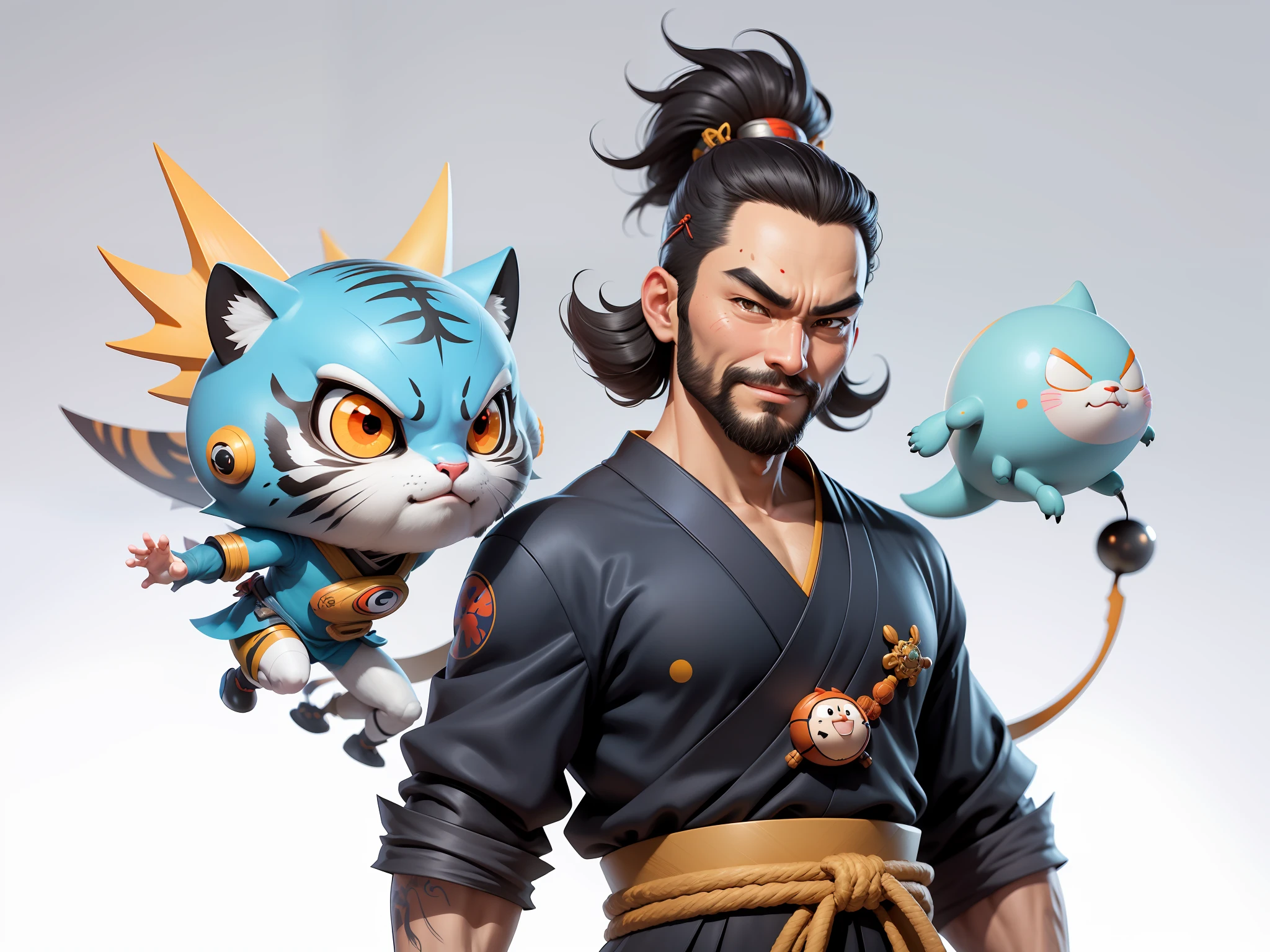 (Daisaku),(Need),(Super meticulous),(full bodyesbian:1.2),Super young man with Japanese geisha，Beautiful，orient，one tiger，Aeolian Thor，Raised sexy，爆乳，Oriental face，TV Anchor，Bust portrait illustration，In black suit，a blue tie，The face is slightly chubby，The face was clean，without a beard，Black super short hair，Black eyes，Smile confidently，3C computer sub-products，iPad， iphone，Digital painting，3D character design by Mark Clairen and Pixar and Hayao Miyazaki and Akira Toriyama，The illustration is a high-definition illustration in 4K resolution，With very detailed facial features and cartoon-style visuals。