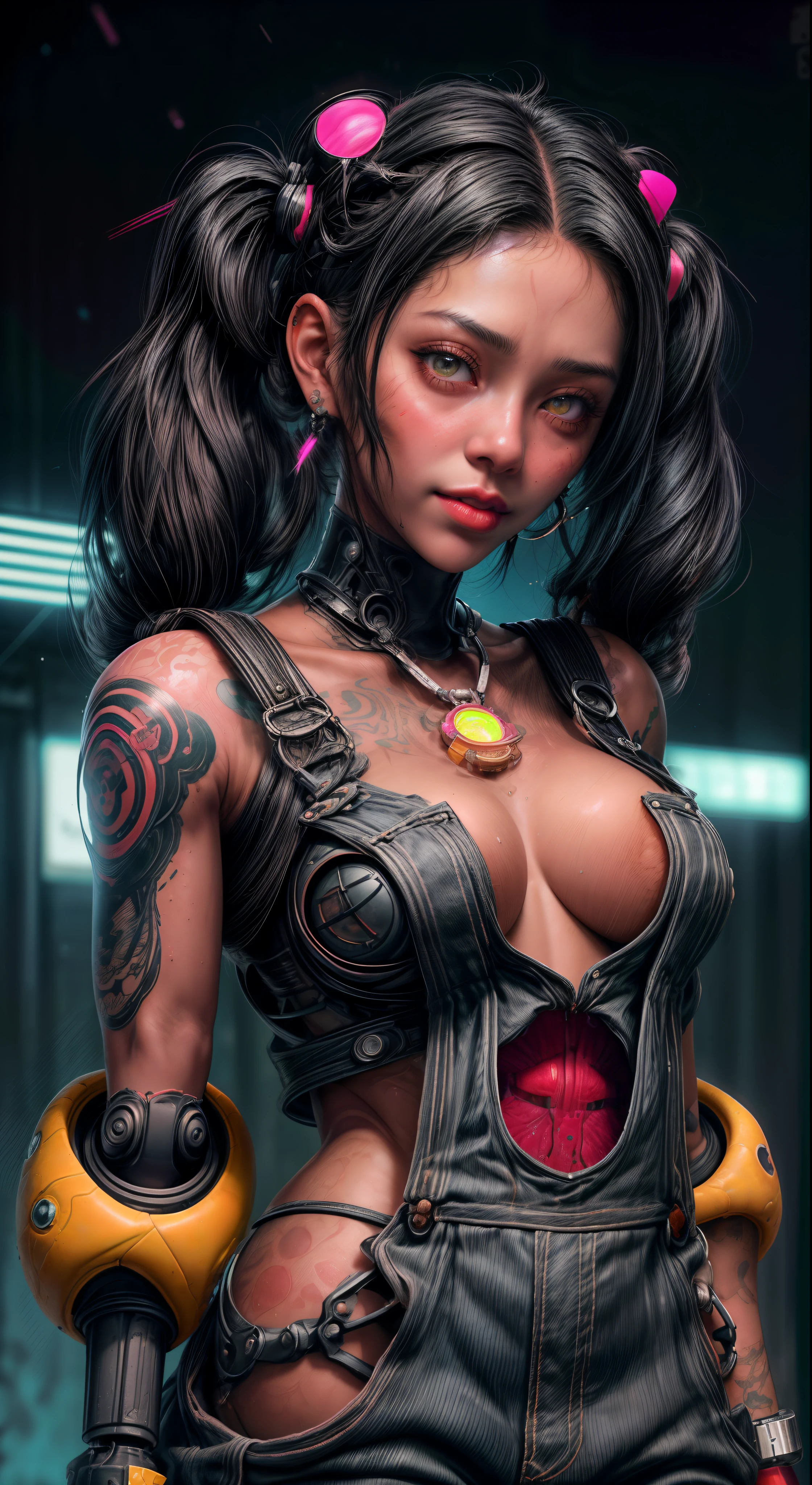 uma jovem negra de 18 anos sorrindo de perfil, (wearing short torn overalls, sujo e transparente) cabelo curto cacheado, tatuagens no corpo e no rosto (cybernetic prostheses), olhos grandes azuis, (Neon city background at night),Fleshy lips of the mouth with red lipstick, with the medallion on the neck,brinco, penetrante , seios grandes, sweaty skin with imperfections,Tatuada no rosto, ,(Pigtails de cabelo com gravatas)detalhes intricados ( 8k super realista) em uma cidade com fundo neon cyberpunk