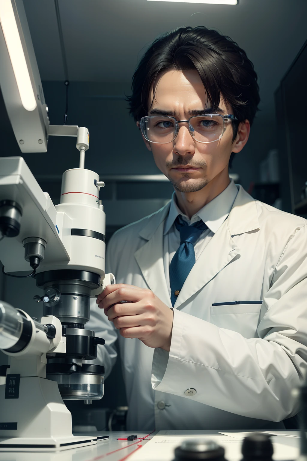 A laboratory man who pursues the highest scientific research quality，The face is serious and focused on operating the microscope，Experiments are being conducted in the laboratory。Experimental instruments such as test tubes and flasks are at his disposal，The expression is very focused。