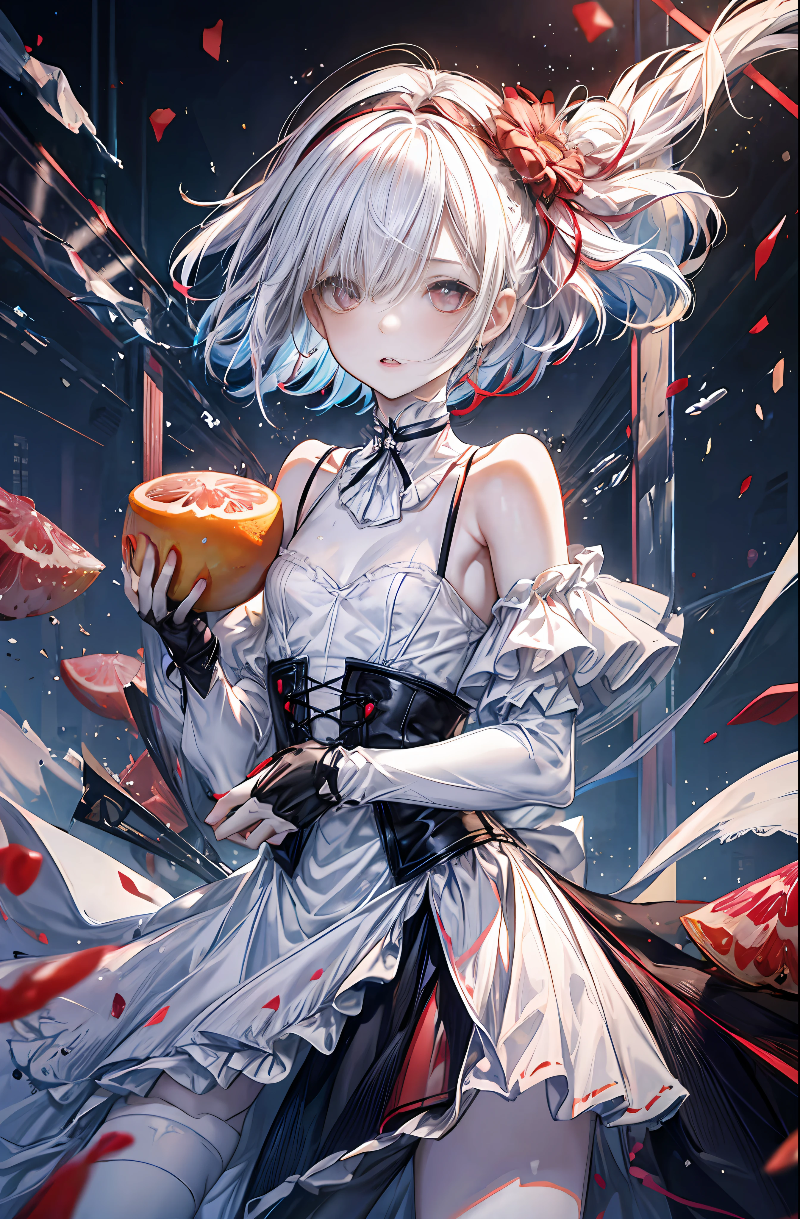 mash kyrielight,White hair,short hair,red eyes,girl,woman,female, little,child,10 years old, medium hair, curly hair, bangs, eyes visible through hair, side braid, white and black hair, multicolored hair, red  inner color, beautiful detailed Glass hair, delicate beautiful face, red pupils, fangs, small_breasts, pale blue eyes, white skin, choker, gloves, nice hands, perfect hands,  camisole, (holding grapefruit), lemon, (grapefruit), parted lips, blush, outdoors, skirt, earring, holding food, bang, in fruit market, Masterpiece, best quality, captures a super cute moment, depth of field, ultra detailed, ultra high resolution, C4D, Octadale, 3D modeling, 8k, 16k.