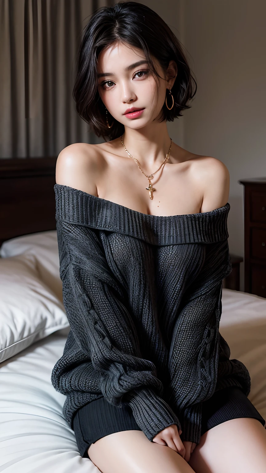 (short hair woman), (off-shoulder sweater, oversized sweater), (hiden short pants), (cross-legged sitting, hands lying on thighs), on bed, medium breasts, deep cleavage, best quality, masterpiece, illustration, very delicate and beautiful, very detailed skin, CG, Unity, 8K wallpapers, amazing, fine detail, highly detailed CG Unity 8K wallpapers, huge file size, high resolution, handsome detailed woman, very detailed eyes and face, Stunning detailed eyes, light on the face, (Best illustration: 1.1), (best shadow: 1.1), ultra high resolution, (photorealistic: 1.1), (photorealistic 1.2:1.1), realistic face proportions,slim,smile,(fluffy black eyes: 1.21), black eyes, looking at the viewer, dark brown hair, earrings, necklaces, hairpins, full body shots, (irregular skin imperfections,veins,moles,skin wrinkles,pores: 1.2), (dark night background: 1.2), (bokeh: 1.4),