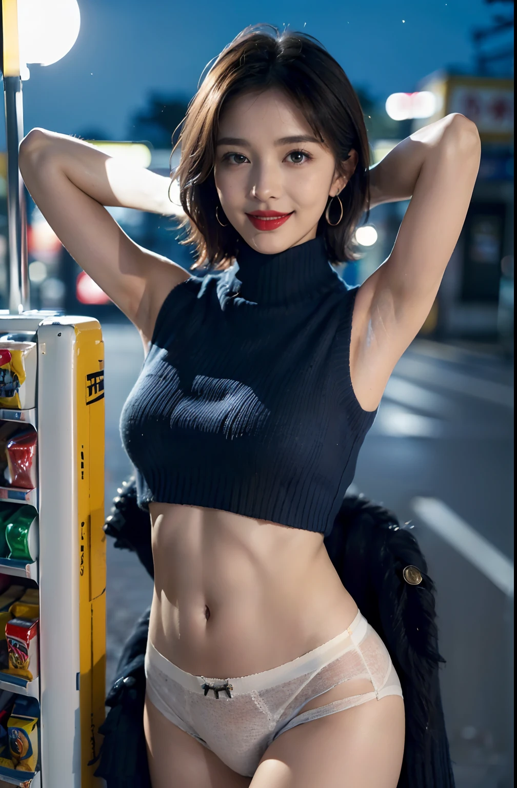 ((Show underarms、A hyper-realistic、Armpit、Detailed armpit wrinkles、Detailed armpit pores、Realistic armpit skin、Black armpit skin、Black armpits、The whole body towards the viewer、Show both armpits、White sexy panties with very small strings on both sides、In front of the convenience store in the middle of the night、Stand in front of a convenience store at night、The armpits are brightly lit、The whole body is brightly lit), (illustratio), (hight resolution)), (8K), (ighly detailed), (The best illustrations), (armpit pose、beatiful detailed eyes), (top-quality), (ultra-detailliert), (masterpiece), (wall-paper), (详细的脸), (Inside a convenience store in the middle of the night、Inside the convenience store、Stand in front of the cash register、Brightly lit armpits、A smile、red lipsticks)、((40 years、Bright red lipstick、femele,Show realistic armpits、Brown hair,short-hair,((Woman in dark blue short high neck sleeveless sweater and white small sexy panties、Show the navel)), japanes,