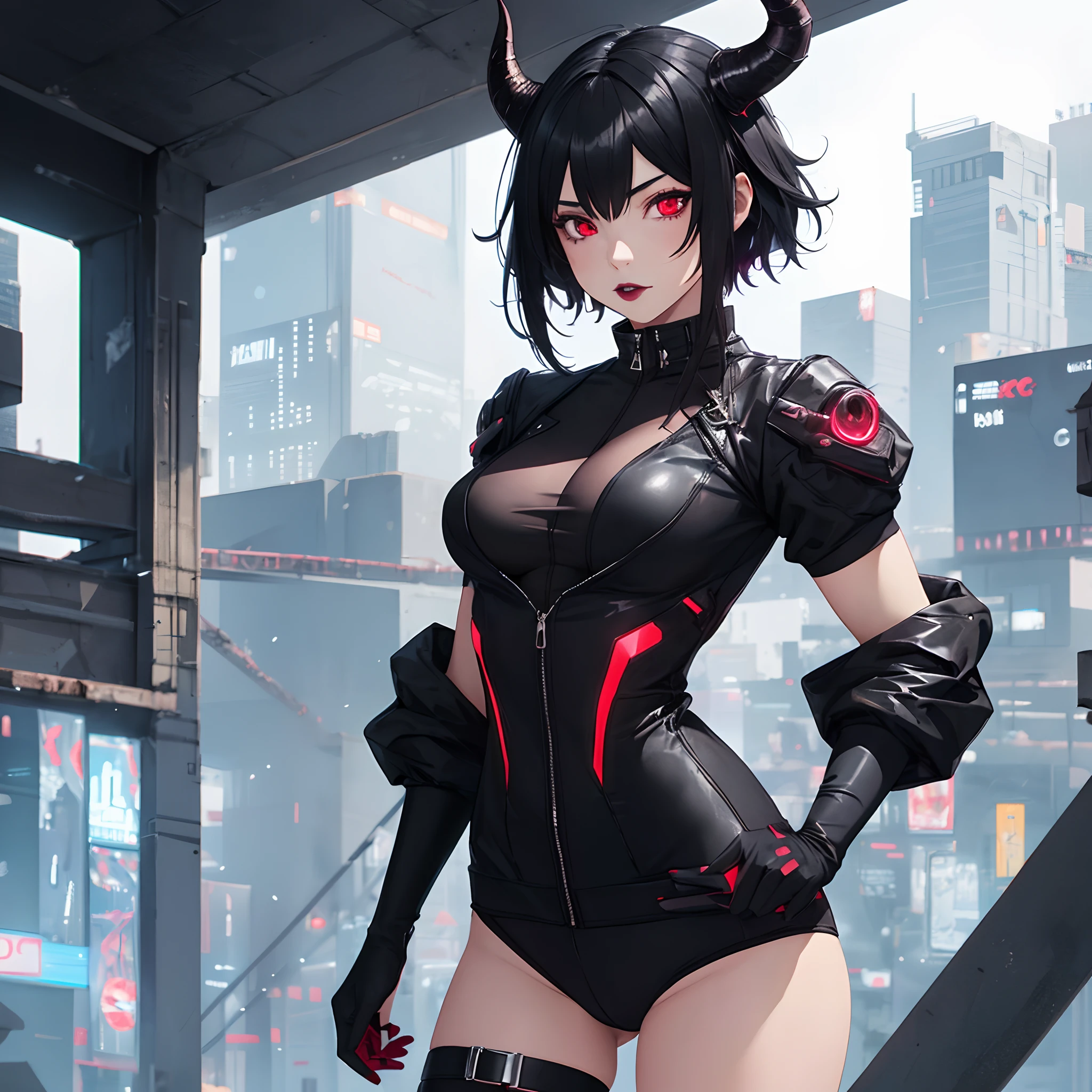 1girl, black hair, short, goth, dragon girl, red eyes, sexy outfit, cyberpunk, black horns, anime, realistic, high quality, muscular