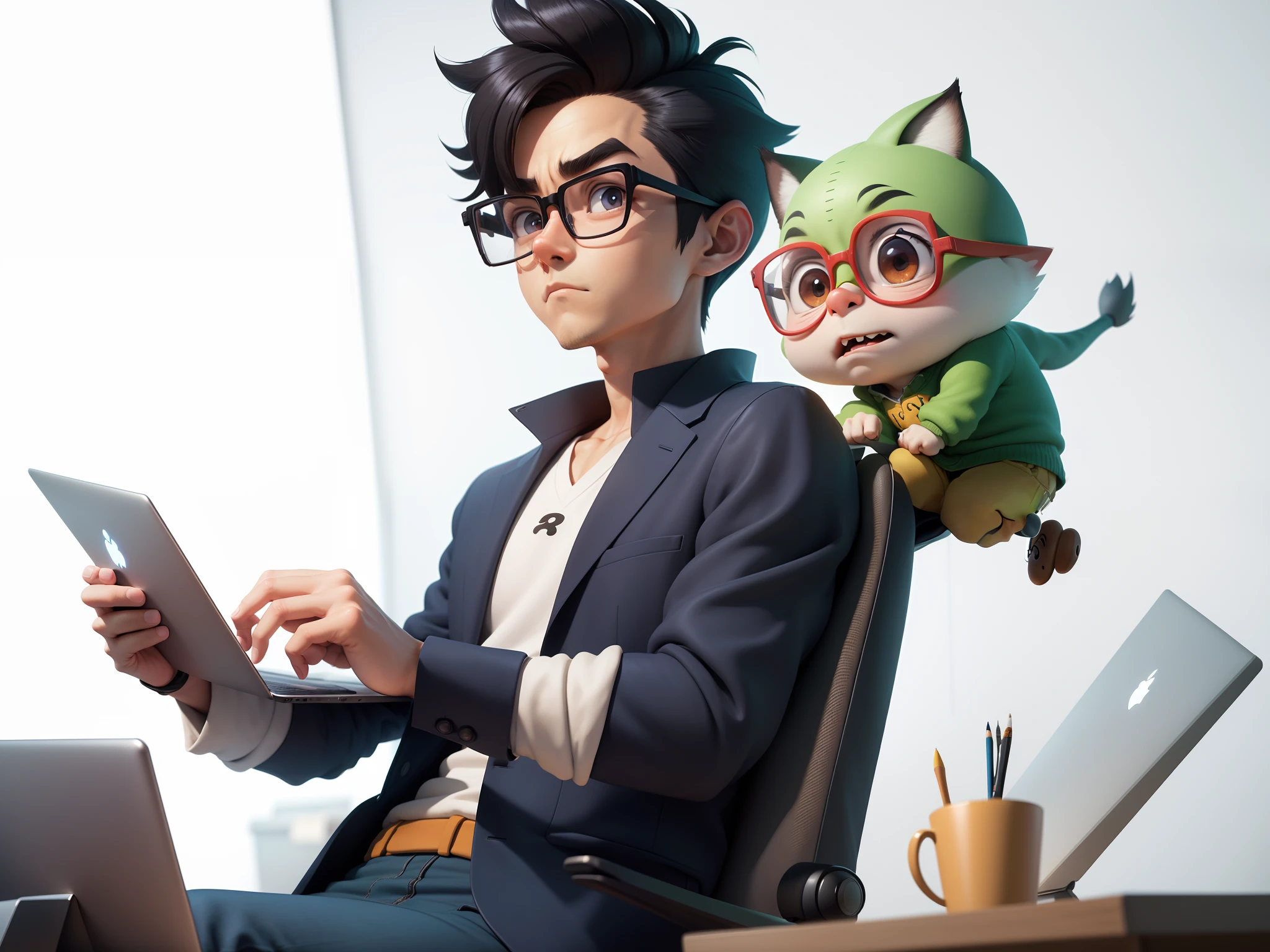 A young man with glasses sits at his desk，holding laptop，digitial painting，3D character design by Mark Clairen and Pixar and Hayao Miyazaki and Akira Toriyama，4K HD illustration，Very detailed facial features and cartoon-style visuals。