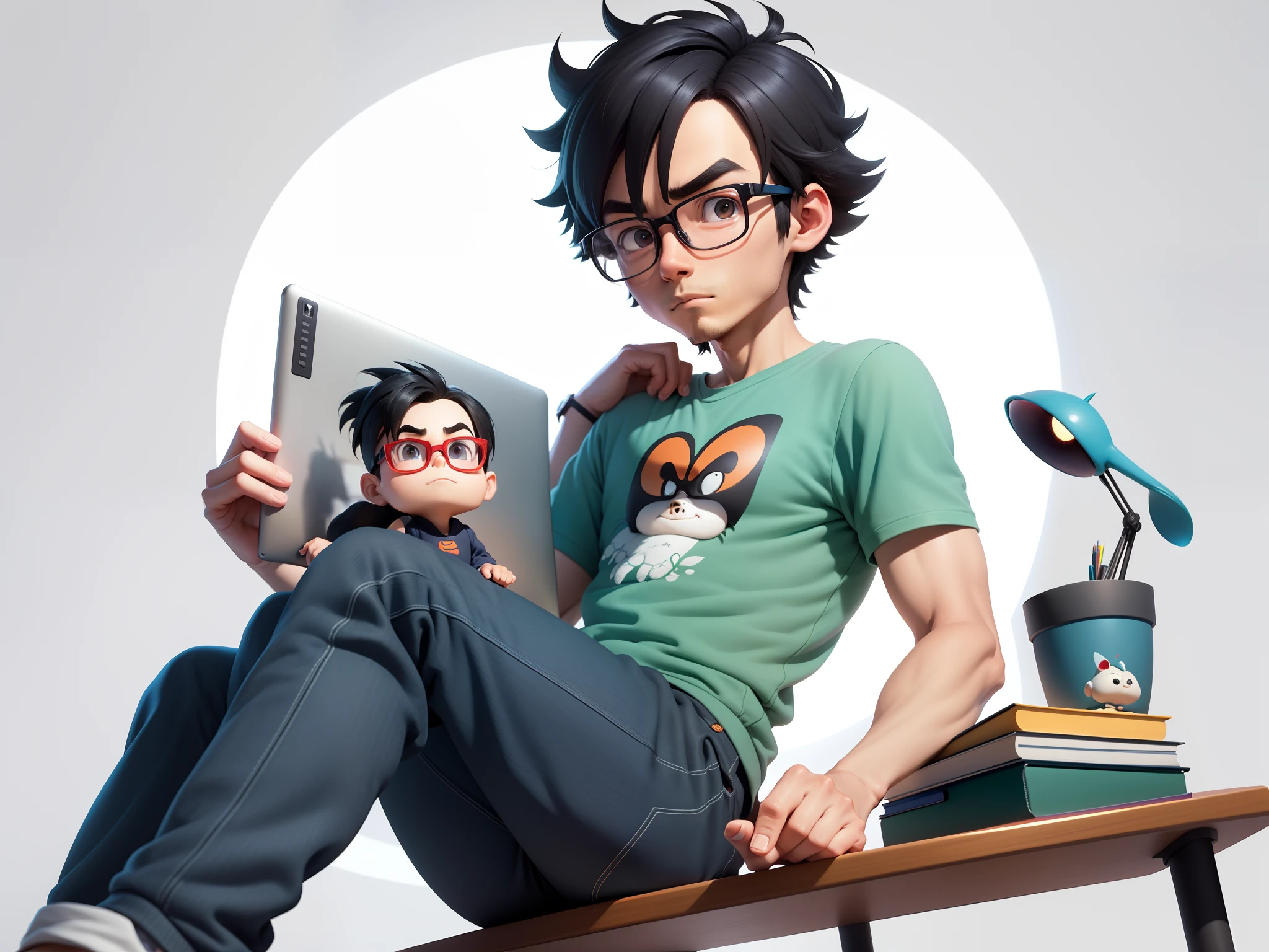 A young man with glasses sits at his desk，holding laptop，digitial painting，3D character design by Mark Clairen and Pixar and Hayao Miyazaki and Akira Toriyama，4K HD illustration，Very detailed facial features and cartoon-style visuals。