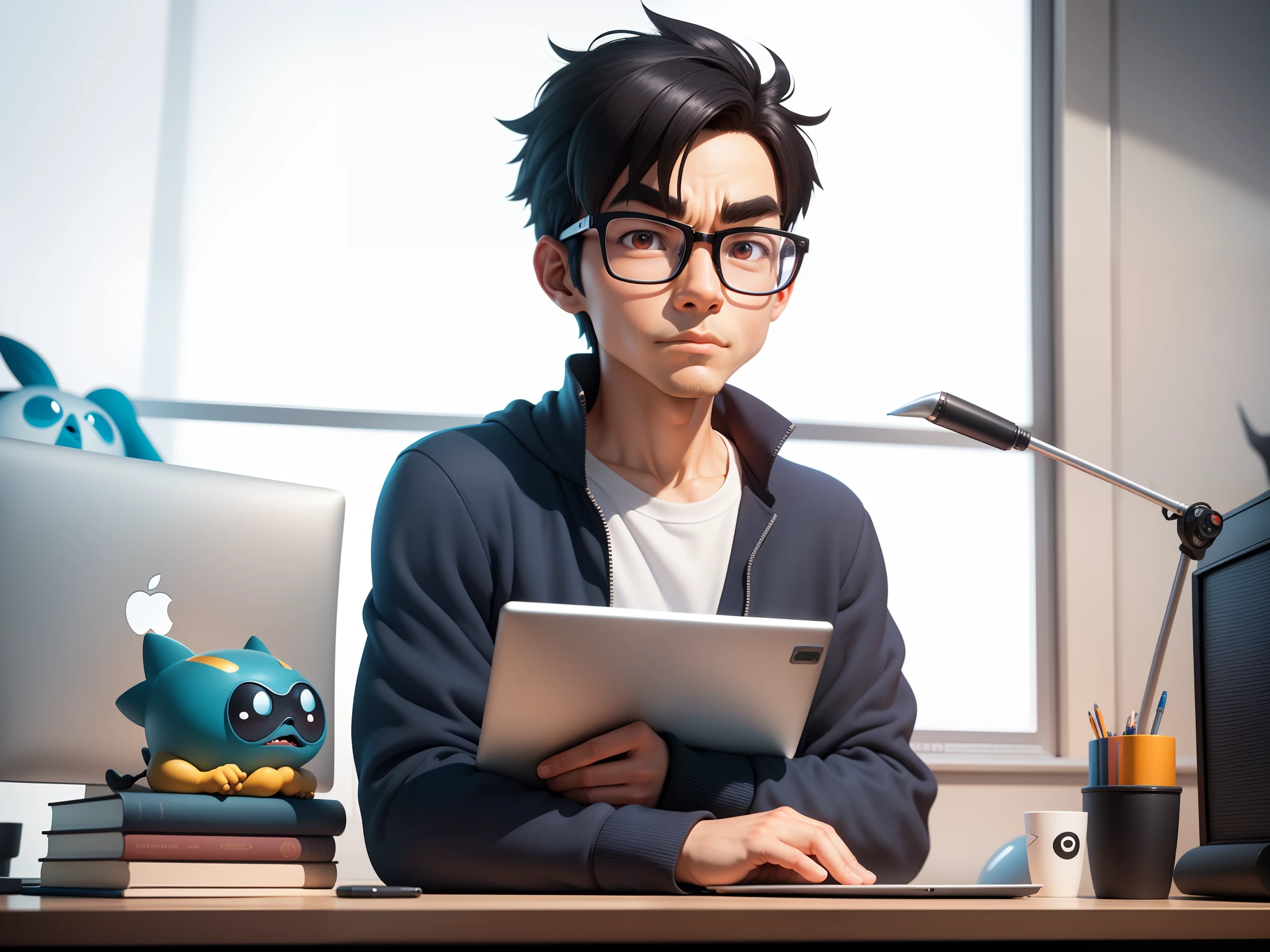 A young man with glasses sits at his desk，holding laptop，digitial painting，3D character design by Mark Clairen and Pixar and Hayao Miyazaki and Akira Toriyama，4K HD illustration，Very detailed facial features and cartoon-style visuals。