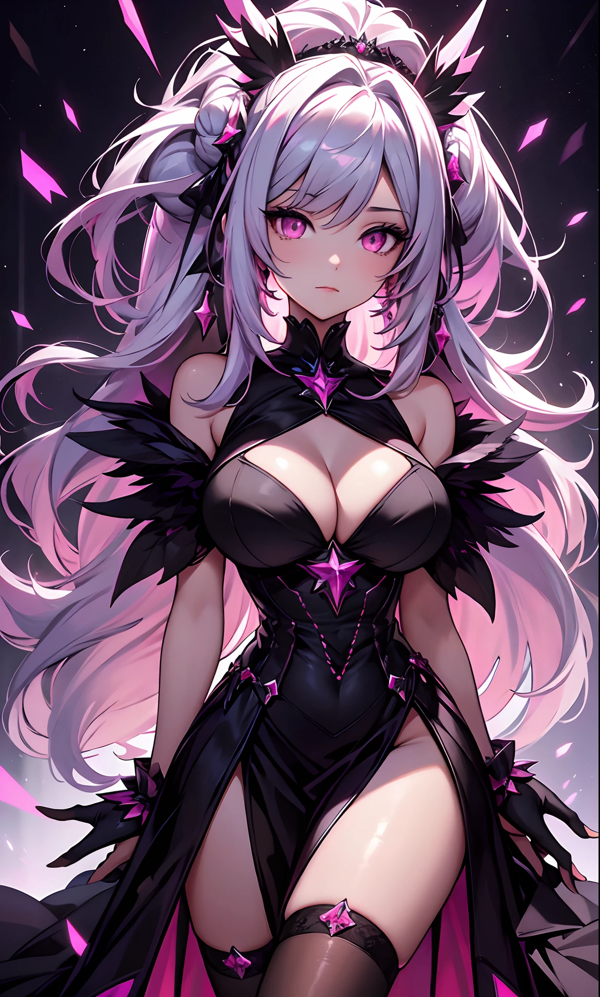 best qualityer,tmasterpiece,Ultimate resolution,downy,Extremely colorful,Colorful,Lady,a matural female,A meticulously portrayed face,Black dress long dress,Gorgeous dress,huge tit,(Ultra-short pink and white hair,A bun),(black lence stockings,Stiletto sandals),Pink starry sky,Normal posture,Normal posture