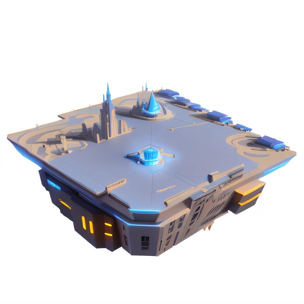 A floating island in sci-fi style,The city of the future,fanciful,low poly,Blue color scheme,blue glowing