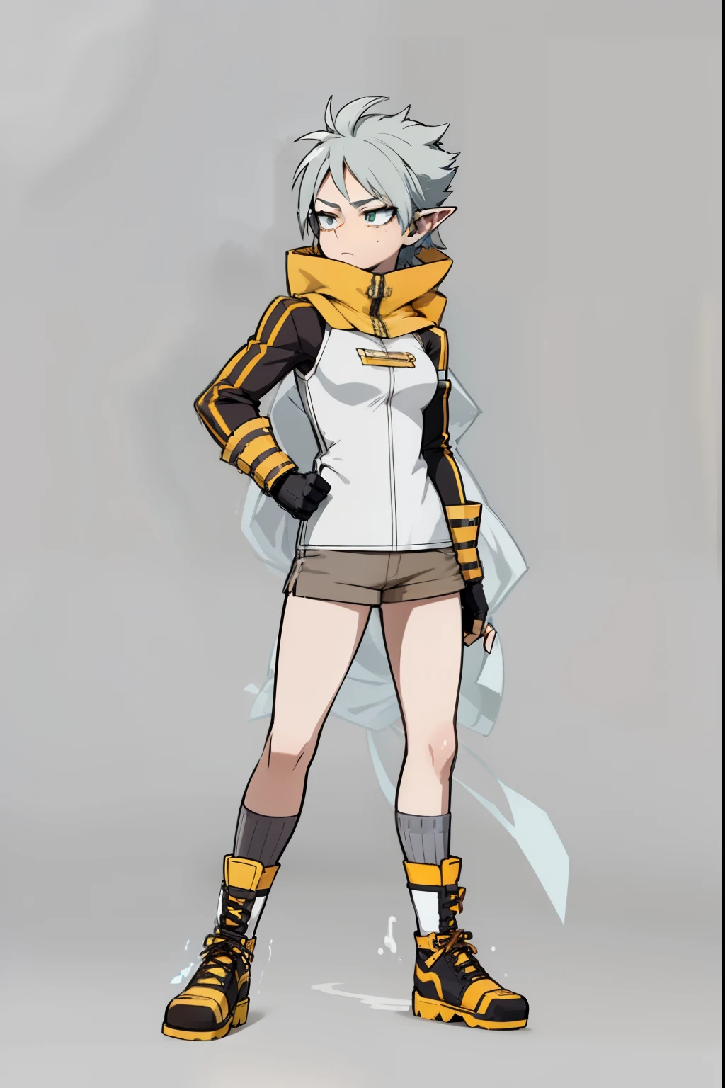 My Hero Academia style, anime Girl, female, trending on artstation pixiv, (Full body shot:0.5), Super detailed, Perfect anatomy, Pale skin, short hair, purple-blue hair, pointy ears, amber eyes, freckles, Short-sleeved gray tunic, Short-sleeved gray tunic with dark gray piping, Short-sleeved tunic, Dark gray piping tunic, Gray tunic, tunic, tattered brown shorts, tattered shorts, brown shorts, White shin socks with mint green stripe, white shin socks, shin socks with mint green stripe, white socks, white socks with mint green stripe, Dark gray low heeled ankle boots, dark gray ankle boots, low heeled ankle boots,