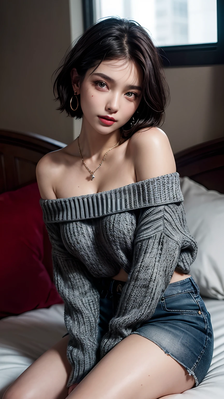(short hair woman), (off-shoulder sweater, oversized sweater), (hiden short pants), (cross-legged sitting, hands lying on thighs), on bed, medium breasts, deep cleavage, best quality, masterpiece, illustration, very delicate and beautiful, very detailed skin, CG, Unity, 8K wallpapers, amazing, fine detail, highly detailed CG Unity 8K wallpapers, huge file size, high resolution, handsome detailed woman, very detailed eyes and face, Stunning detailed eyes, light on the face, (Best illustration: 1.1), (best shadow: 1.1), ultra high resolution, (photorealistic: 1.1), (photorealistic 1.2:1.1), realistic face proportions,slim,smile,(fluffy black eyes: 1.21), black eyes, looking at the viewer, dark brown hair, earrings, necklaces, hairpins, full body shots, (irregular skin imperfections,veins,moles,skin wrinkles,pores: 1.2), (dark night background: 1.2), (bokeh: 1.4),