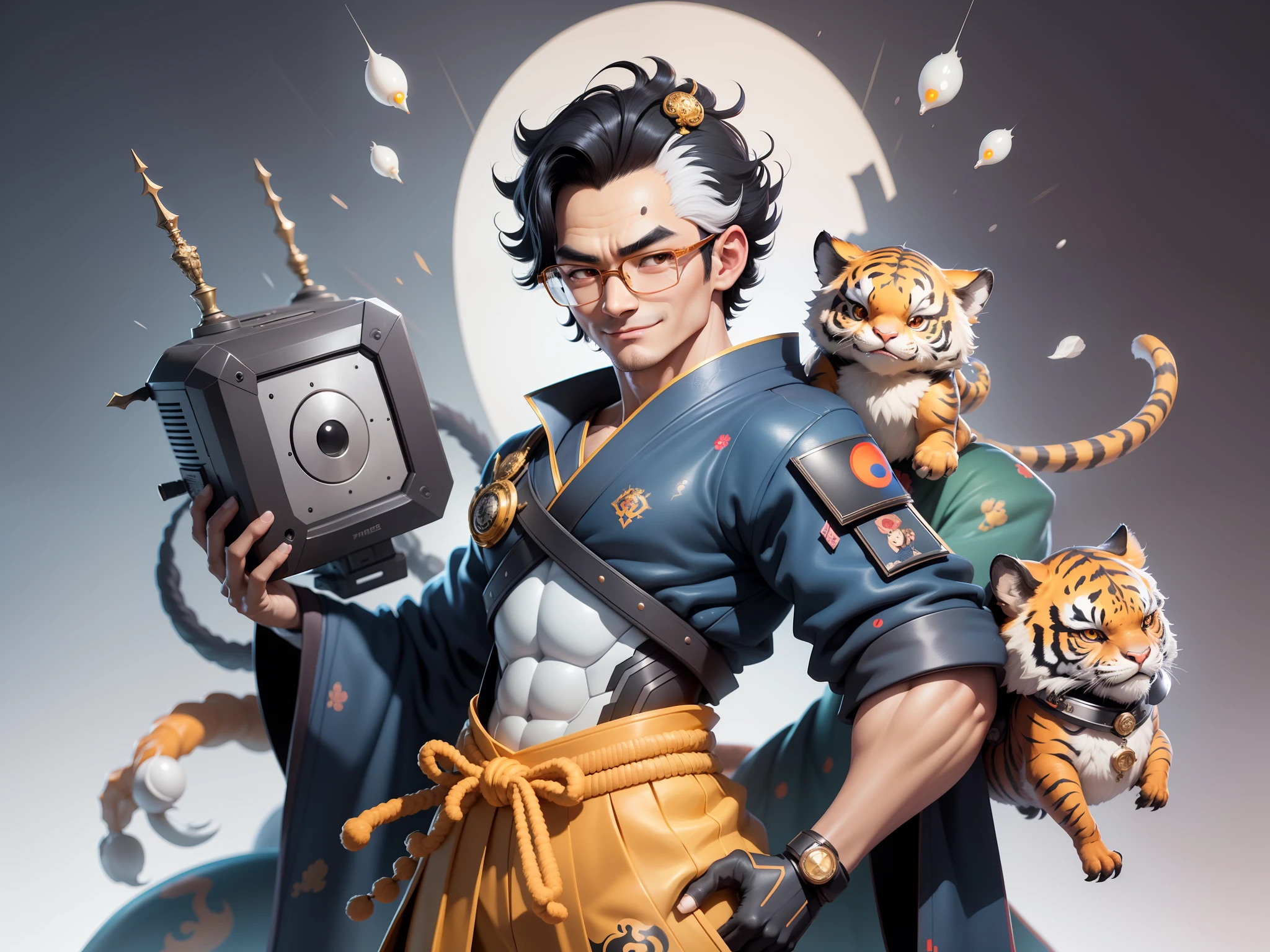 (Masterpiece), (Excellent), (Super Meticulous), (Full Body: 1.2), Super Young Man with Japanese Female Geisha, Pretty, Beautiful, Chinese Dragon, Tiger, Wind God Thor, Sexy, Bursting, Oriental Face, TV Anchor, Bust Portrait Illustration, Black Suit, Blue Tie, Slightly Chubby Face, Silver Glasses, Very Clean Face, No Beard on Chin, Black Super Short Hair, Black Eyes, Confident Smile, 3c Computer Sub-Products, iPad, iPhone, Digital Painting, 3D character design by Mark Clairedon and Pixar and Hayao Miyazaki and Akira Toriyama, the illustrations are HD illustrations in 4K resolution with highly detailed facial features and cartoon-style visuals.