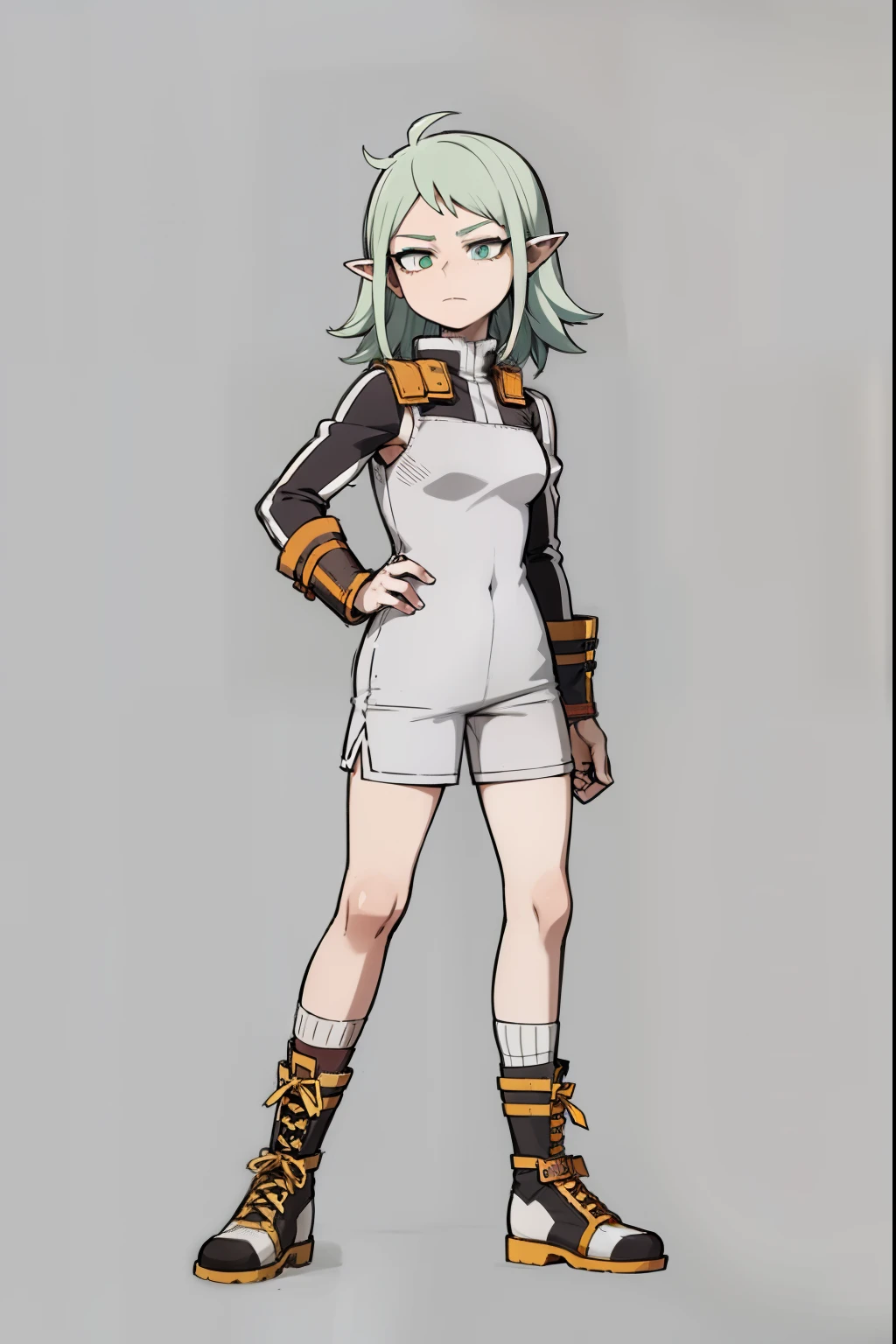 My Hero Academia style, anime Girl, female, trending on artstation pixiv, (Full body shot:0.5), Super detailed, Perfect anatomy, Pale skin, short hair, purple-blue hair, pointy ears, amber eyes, freckles, Short-sleeved gray tunic, Short-sleeved gray tunic with dark gray piping, Short-sleeved tunic, Dark gray piping tunic, Gray tunic, tunic, tattered brown shorts, tattered shorts, brown shorts, White shin socks with mint green stripe, white shin socks, shin socks with mint green stripe, white socks, white socks with mint green stripe, Dark gray low heeled ankle boots, dark gray ankle boots, low heeled ankle boots,