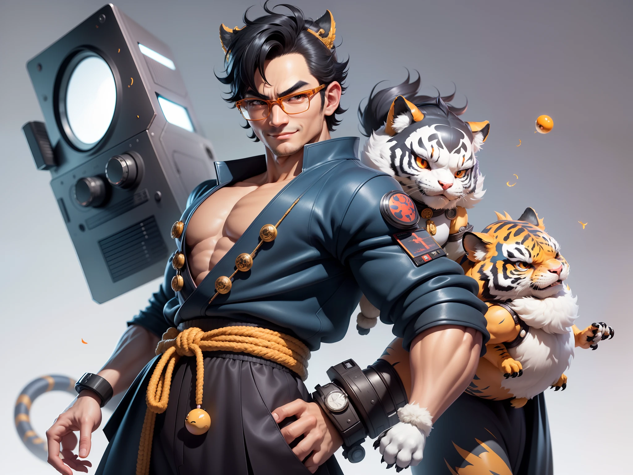 (Masterpiece), (Excellent), (Super Meticulous), (Full Body: 1.2), Super Young Man with Japanese Female Geisha, Pretty, Beautiful, Chinese Dragon, Tiger, Wind God Thor, Sexy, Bursting, Oriental Face, TV Anchor, Bust Portrait Illustration, Black Suit, Blue Tie, Slightly Chubby Face, Silver Glasses, Very Clean Face, No Beard on Chin, Black Super Short Hair, Black Eyes, Confident Smile, 3c Computer Sub-Products, iPad, iPhone, Digital Painting, 3D character design by Mark Clairedon and Pixar and Hayao Miyazaki and Akira Toriyama, the illustrations are HD illustrations in 4K resolution with highly detailed facial features and cartoon-style visuals.
