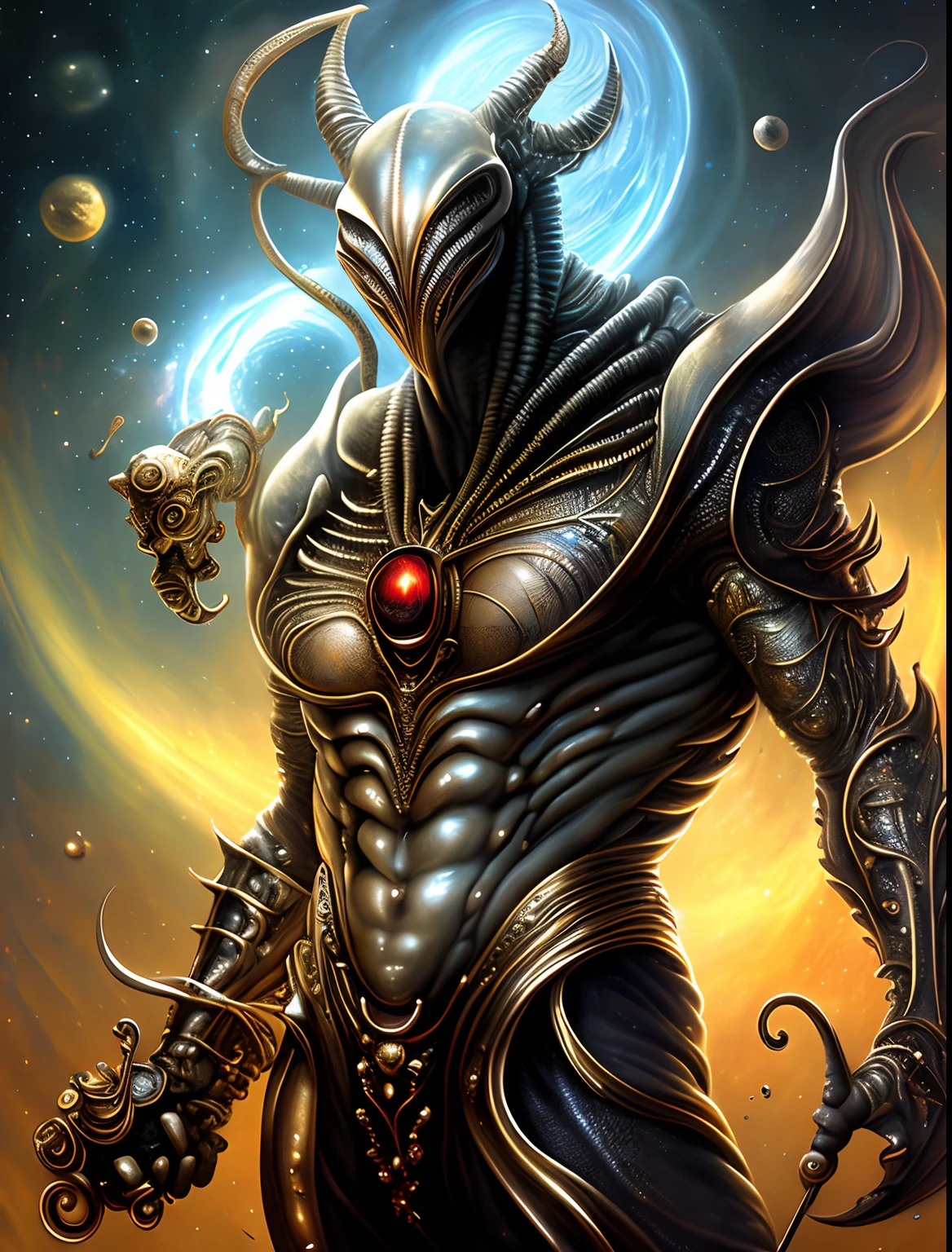 Terrifying alien space monster with gold and silver skin,holding a cane with red,verde,Diamantes naranjas y azules,futuristic,((masculino,cuerpo completo)),Arte de Boris Vallejo,h.r. Giger y Julie Bell,((Arte ultrahiperrealista,elegante,Bellas Artes)),((hiperdetallado,obra maestra,32K,Ultra HD.)).