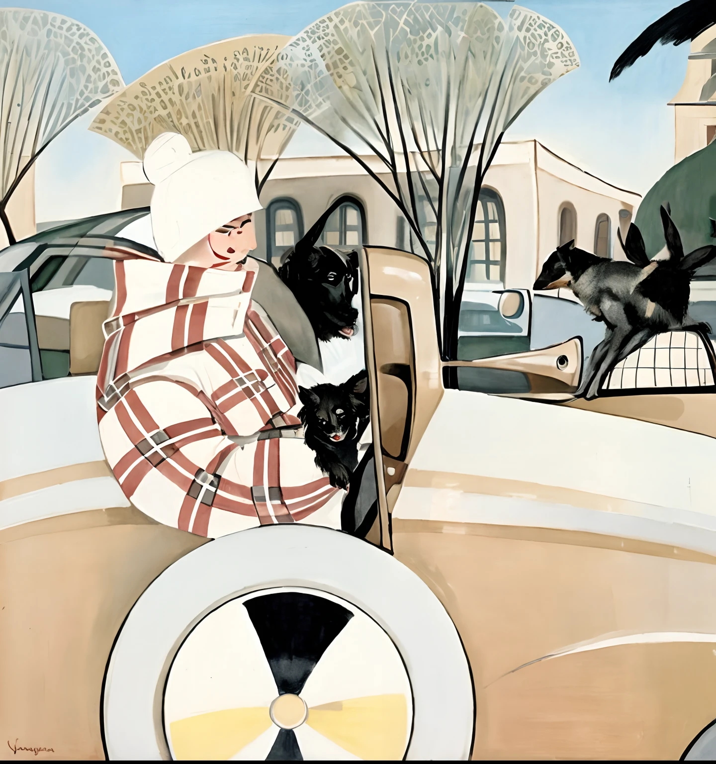 painting of a man in a car with a dog and a dog on his back, Directed by: Pruett Carter, art deco illustration, inspirado em Gerda Wegener, Directed by: Gerda Wegener, Directed by: Dahlov Ipcar, Art Deco dos anos 1920, art deco painting, Uma pintura Art Deco, Directed by: Yvonne Jacquette, Georgy Kurasov