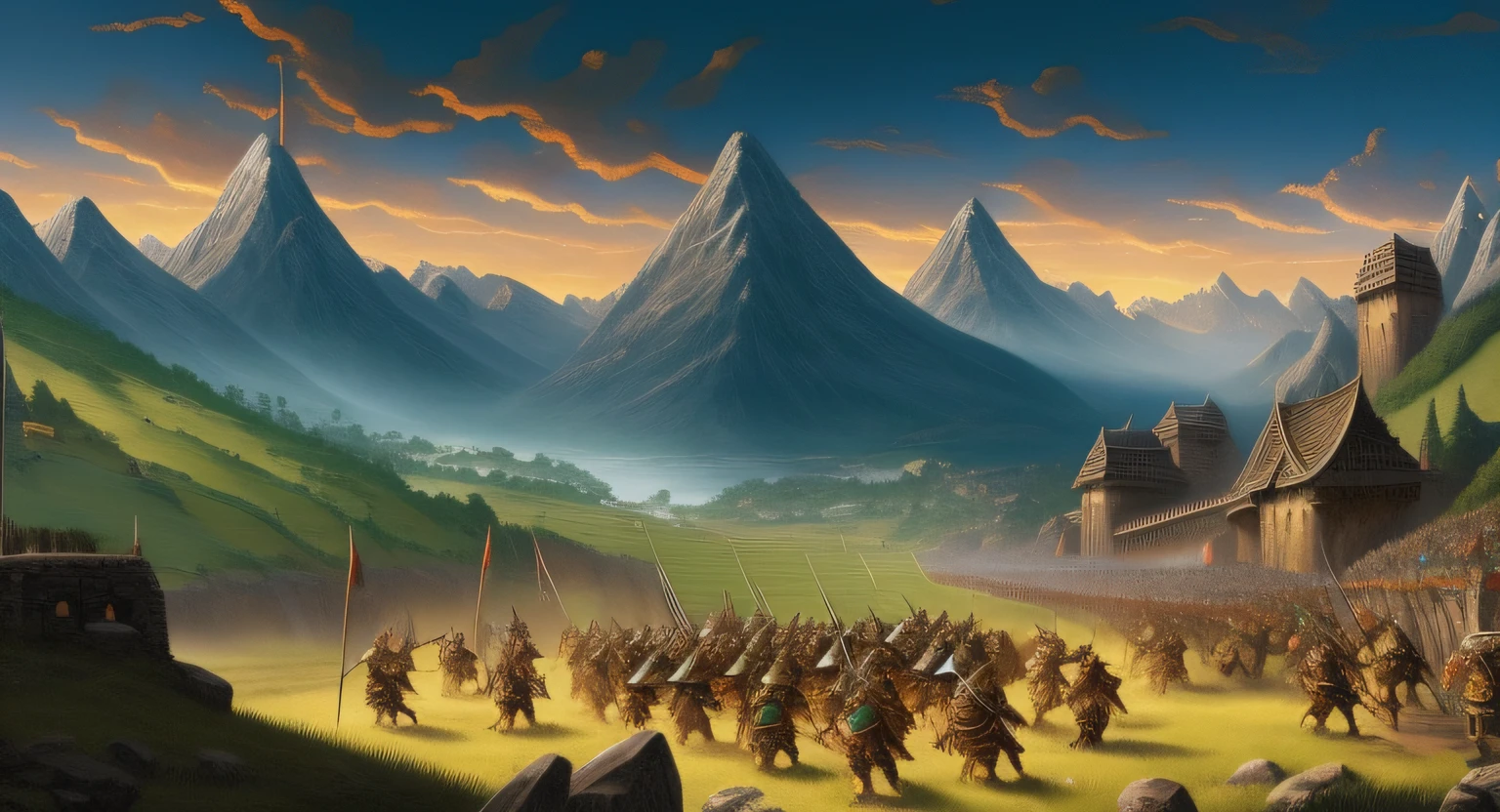 Battle between dwarves and elves. On both sides are walls of shields, No lado esquerdo, dwarves with shields with straight and hard lines, enquanto Do outro lado, escudos em formato de folhas. How a group of dwarves advances, montados em javalis, Do outro lado, Elven archers shoot arrows up and forward. The soil keeps some of the grass green, but is destroyed by battle. The armor of the elves is golden and green, while the dwarves are silver, ouro e cinzas. Ao fundo, a long mountain range and cloud-laden sky. on a plateau in the background, one can see the elven king, montado em um cervo com grandes chifres. at the bottom of the dwarves, You can see the entrance to the mountain and the great hall of Mithral, como se fosse erebor, encrustado na montanha, How a Dwarf Mine Should Look. epic scene, Pintura digital, Dungeons and Dragons, Dragon Spear